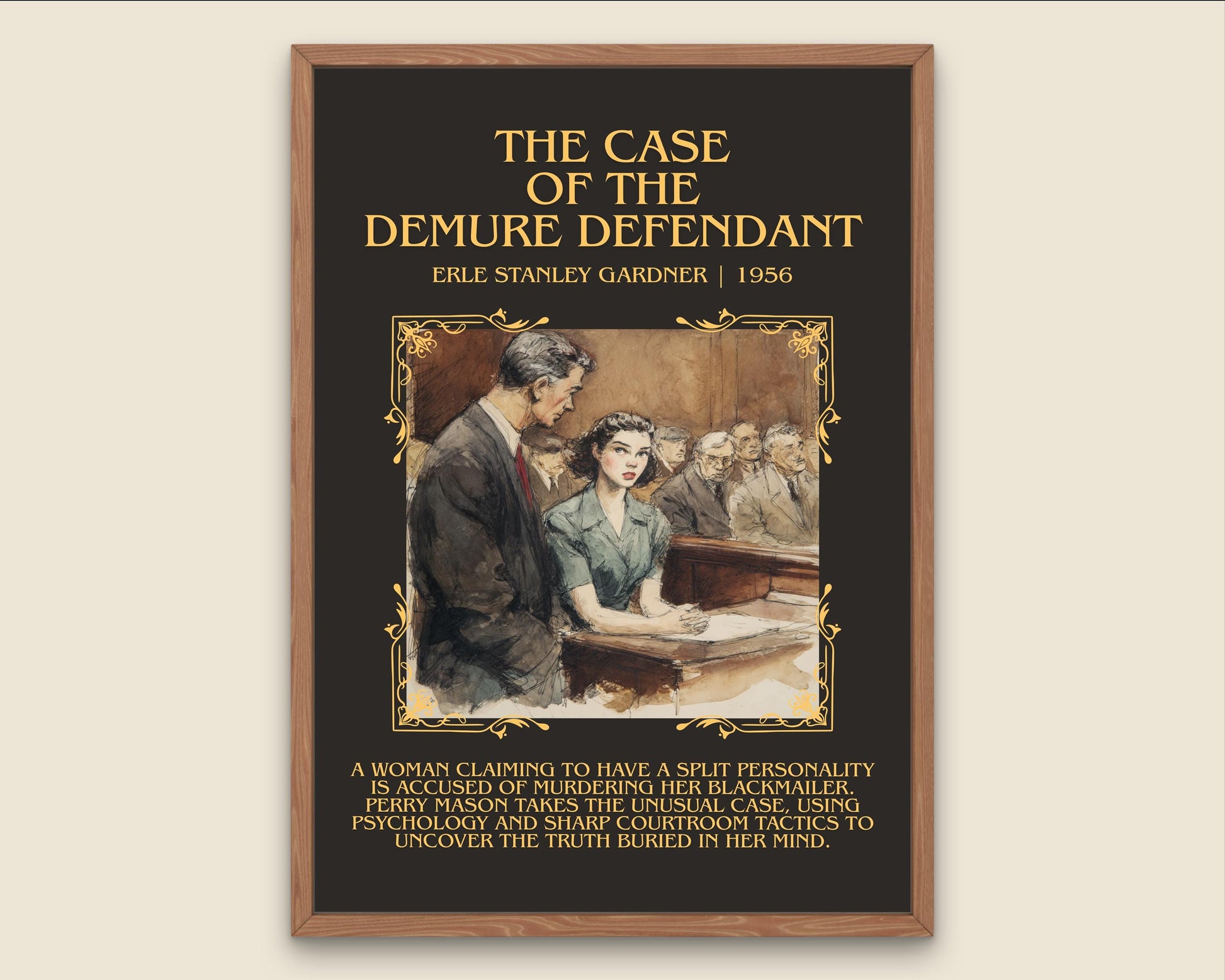The Case Of The Demure Defendant by Erle Stanley Gardner Descriptive Poster Print.Free Delivery Wall Art Author&Blurb Book Artwork Novel