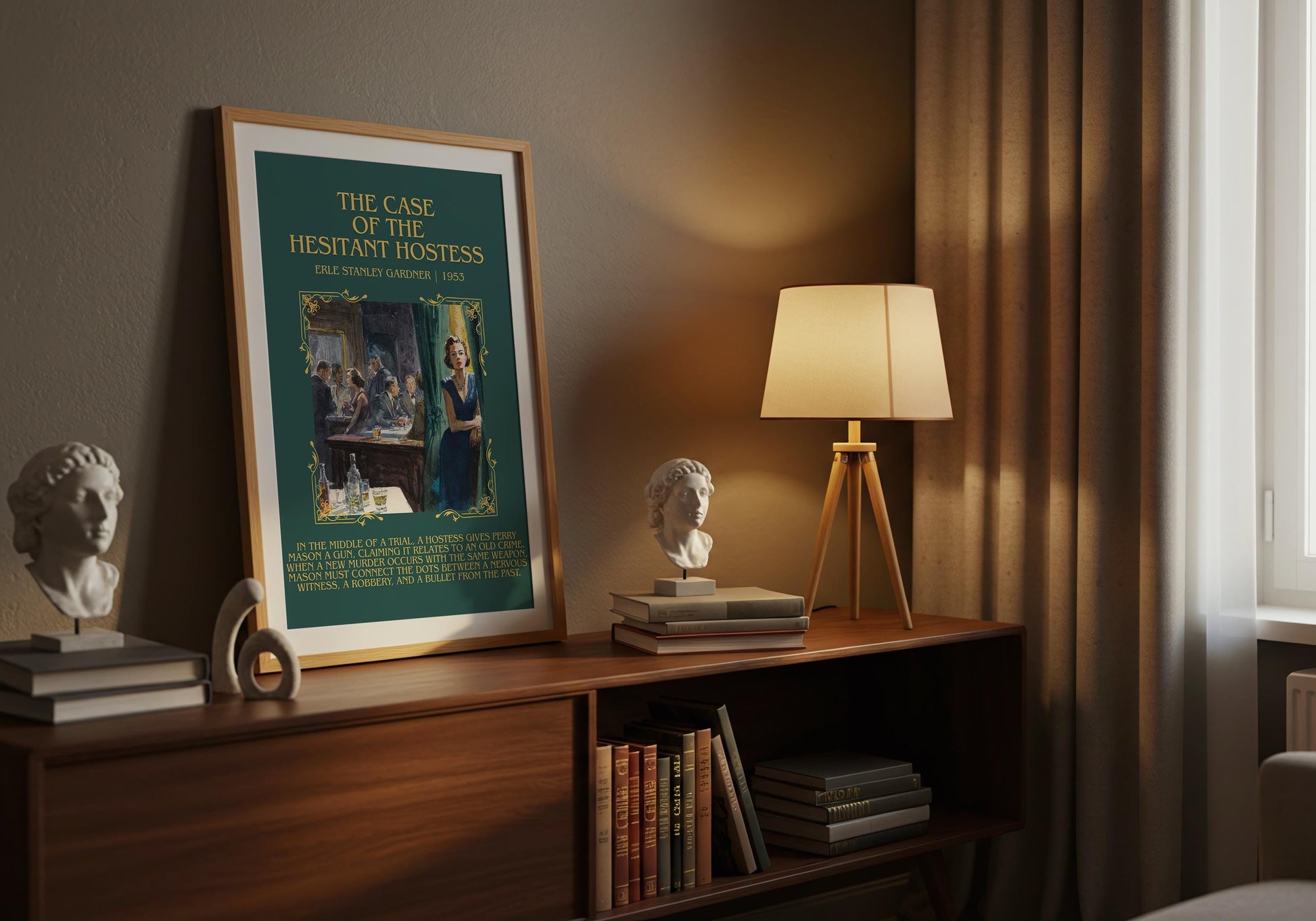The Case Of The Hesitant Hostess by Erle Stanley Gardner Descriptive Poster Print.Free Delivery Wall Art Author&Blurb Book Artwork Novel