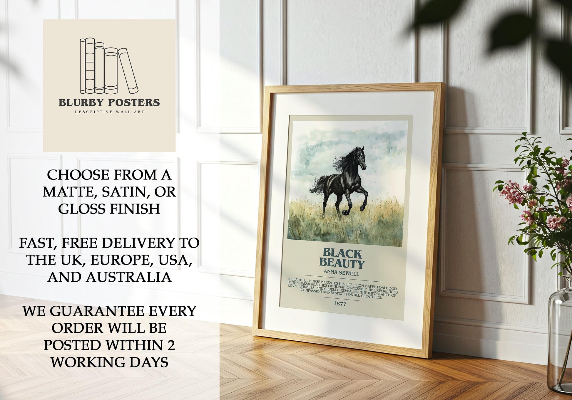 Black Beauty by Anna Sewell Descriptive Poster Print. Free Delivery Wall Art Author & Blurb Book Artwork Novel Modern Poster Gift