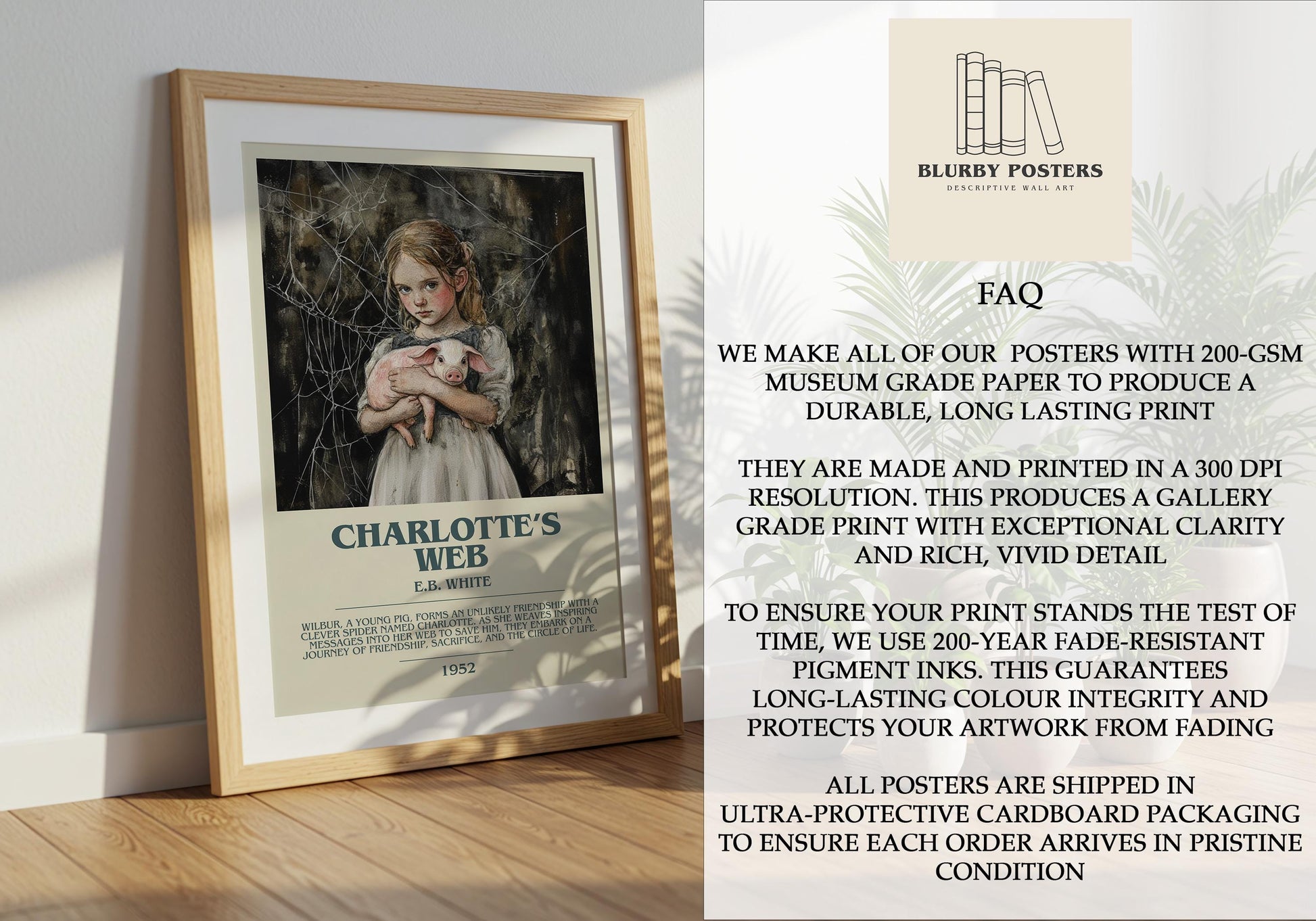 Charlottes Web by E.B. White Descriptive Poster Print. Free Delivery Wall Art Author & Blurb Book Artwork Novel Modern Poster Gift
