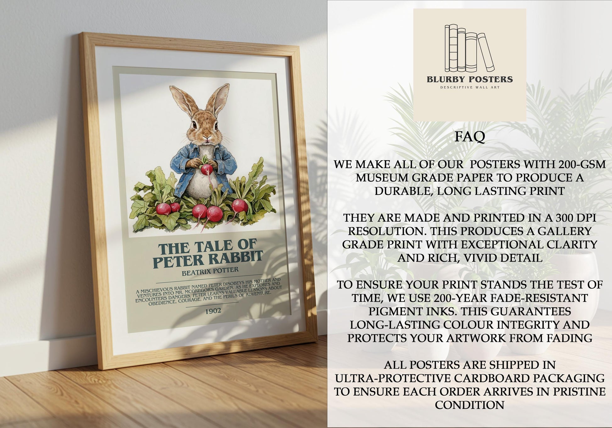 The Tale Of Peter Rabbit by Beatrix Potter Descriptive Poster Print. Free Delivery Wall Art Author & Blurb Book Artwork Novel Modern Poster