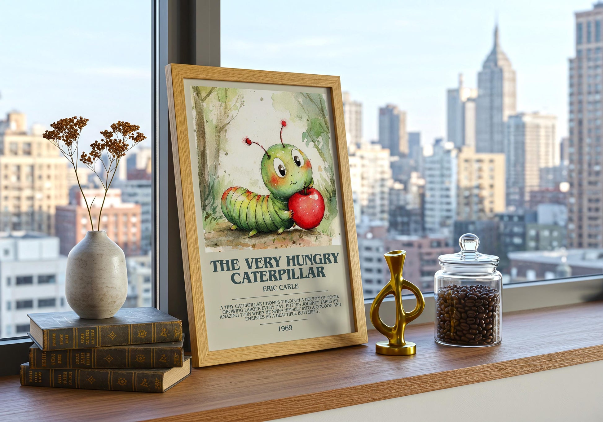 The Very Hungry Caterpillar by Eric Carle Descriptive Poster Print. Free Delivery Wall Art Author & Blurb Book Artwork Novel Modern Poster