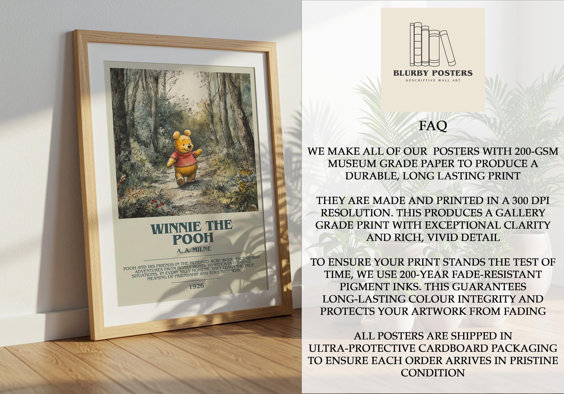 Winnie the Pooh by A.A. Milne Descriptive Poster Print. Free Delivery Wall Art Author & Blurb Book Artwork Novel Modern Poster