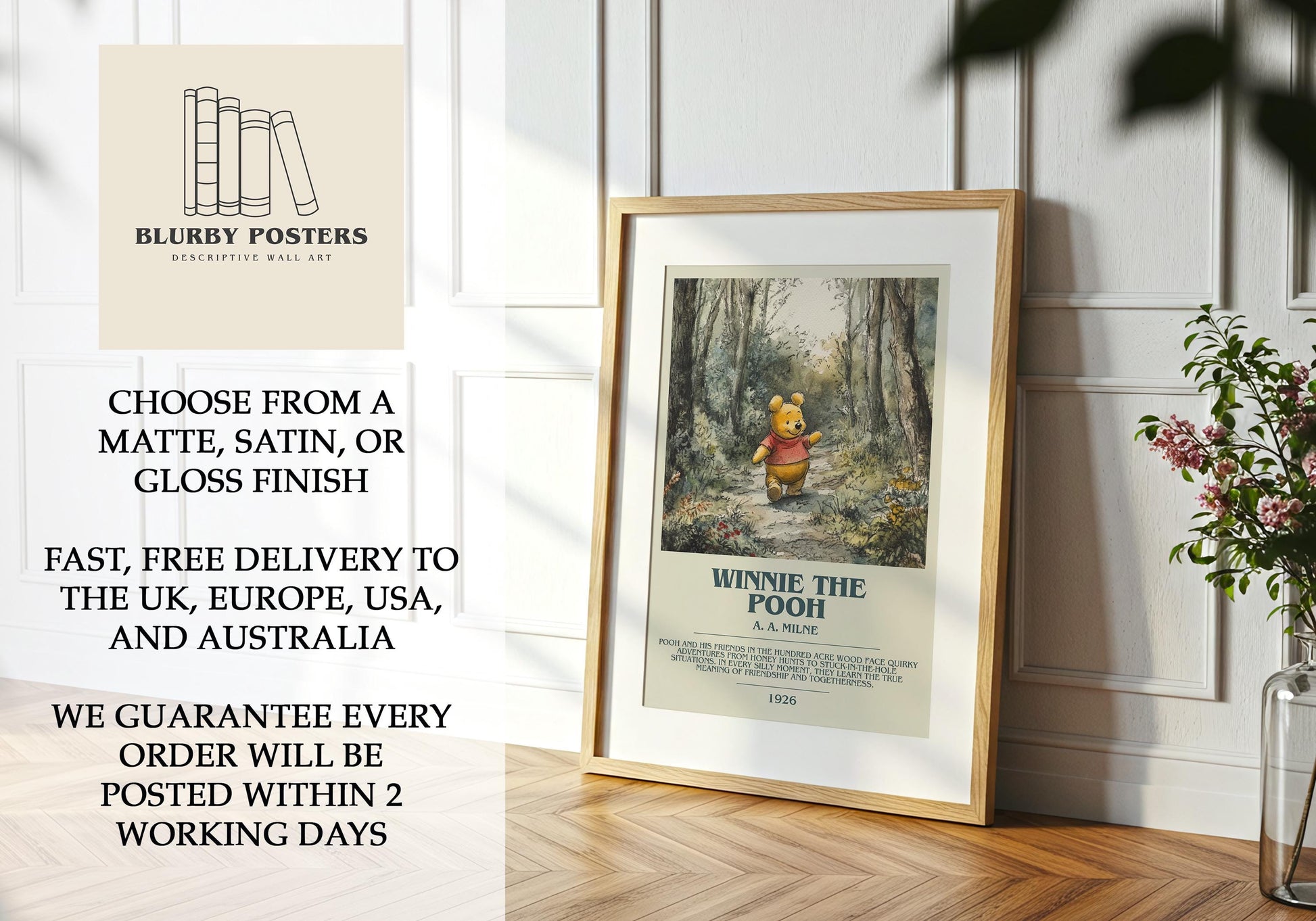 Winnie the Pooh by A.A. Milne Descriptive Poster Print. Free Delivery Wall Art Author & Blurb Book Artwork Novel Modern Poster