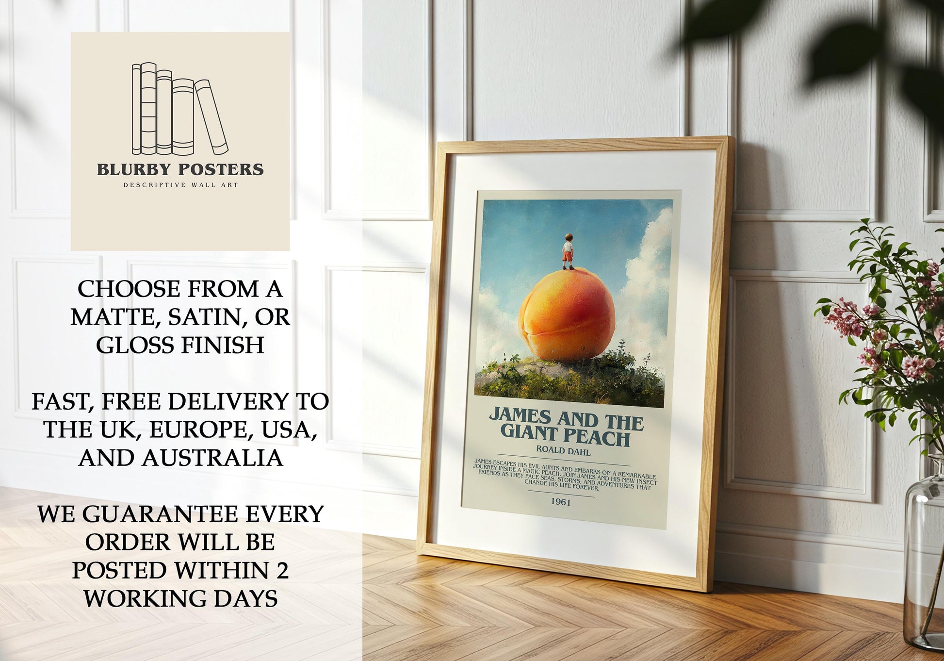 James and the Giant Peach by Roald Dahl Descriptive Poster Print. Free Delivery Wall Art Author & Blurb Book Artwork Novel Modern Poster