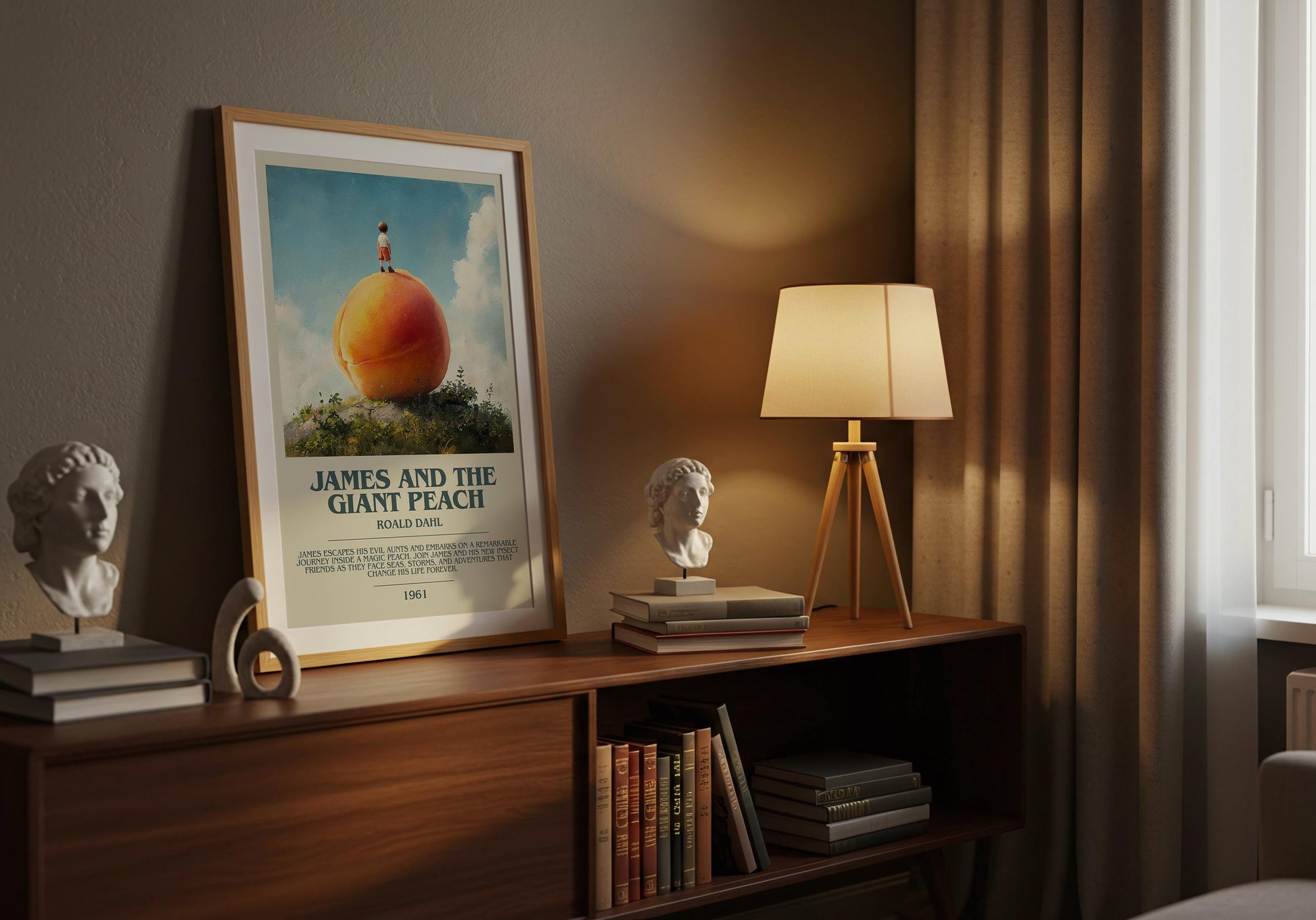 James and the Giant Peach by Roald Dahl Descriptive Poster Print. Free Delivery Wall Art Author & Blurb Book Artwork Novel Modern Poster