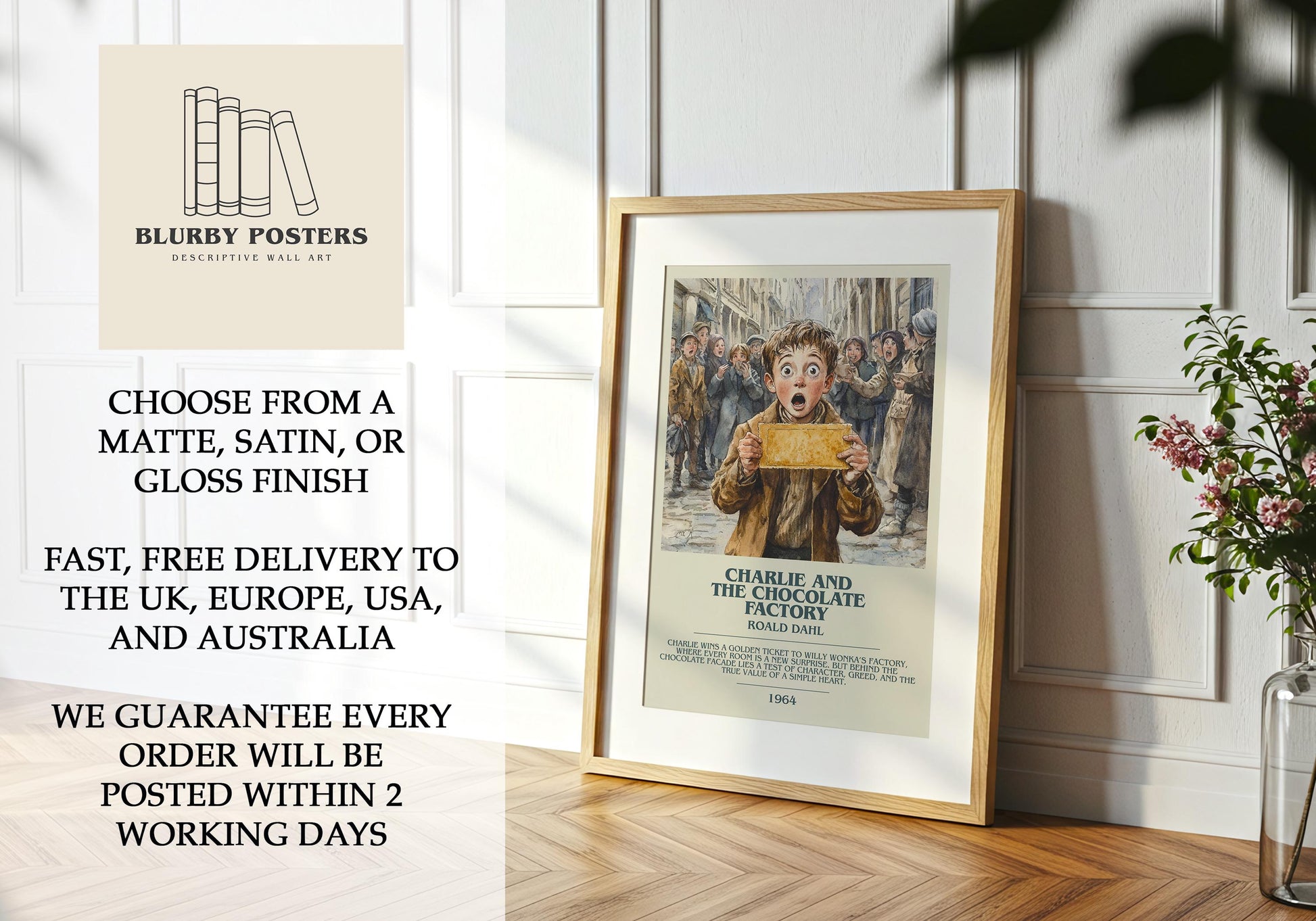 Charlie and the Chocolate Factory by Roald Dahl Poster Print. Free Delivery Wall Art Author & Blurb Book Artwork Novel Modern Poster Gift