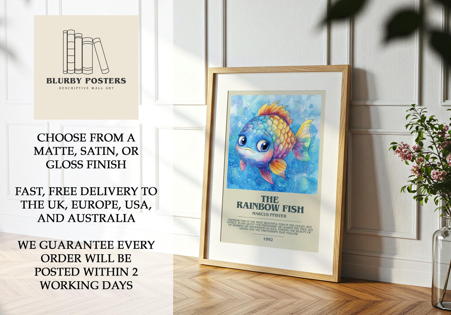 The Rainbow Fish by Marcus Pfister Descriptive Poster Print. Free Delivery Wall Art Author & Blurb Book Artwork Novel Modern Poster Gift