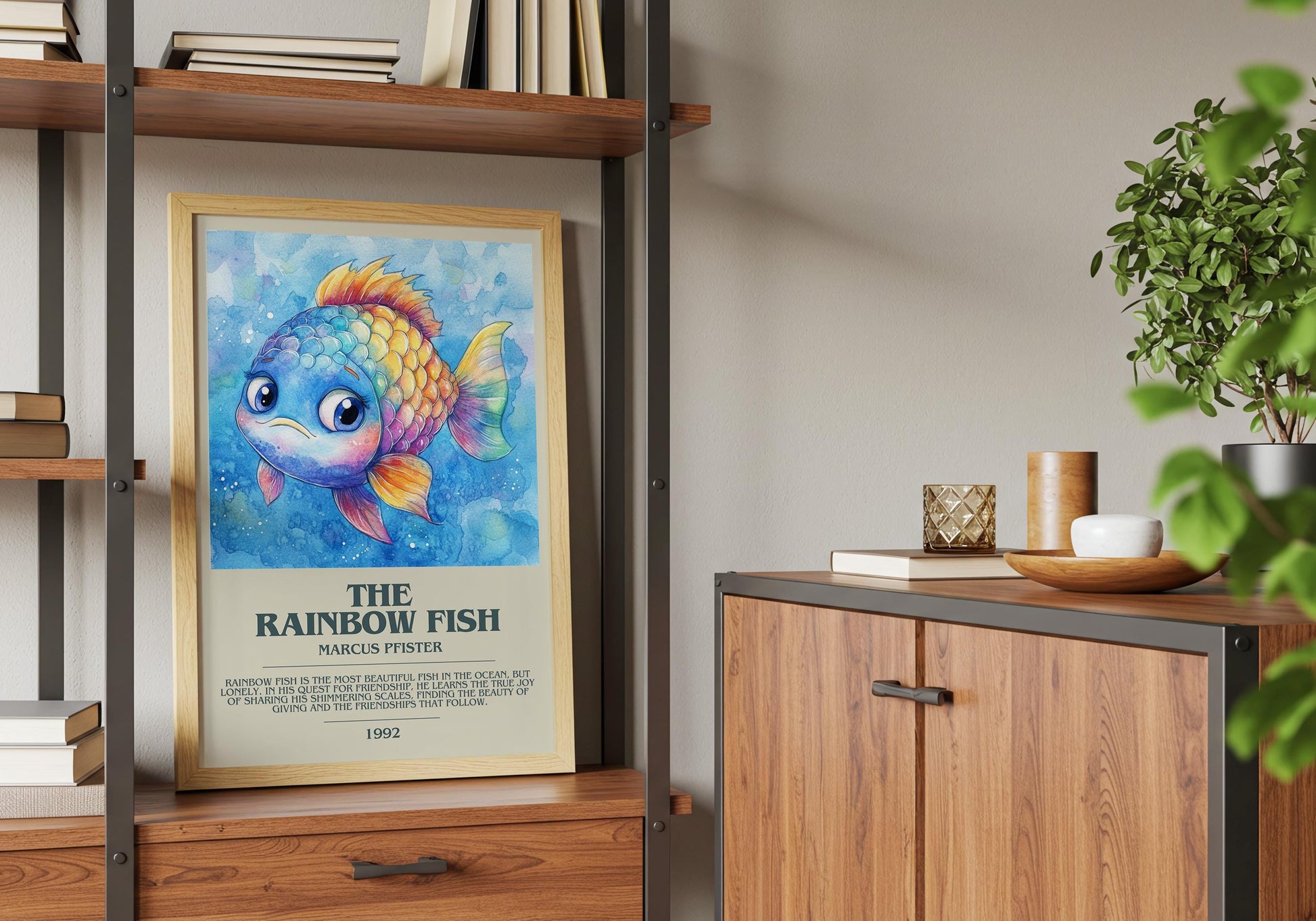 The Rainbow Fish by Marcus Pfister Descriptive Poster Print. Free Delivery Wall Art Author & Blurb Book Artwork Novel Modern Poster Gift