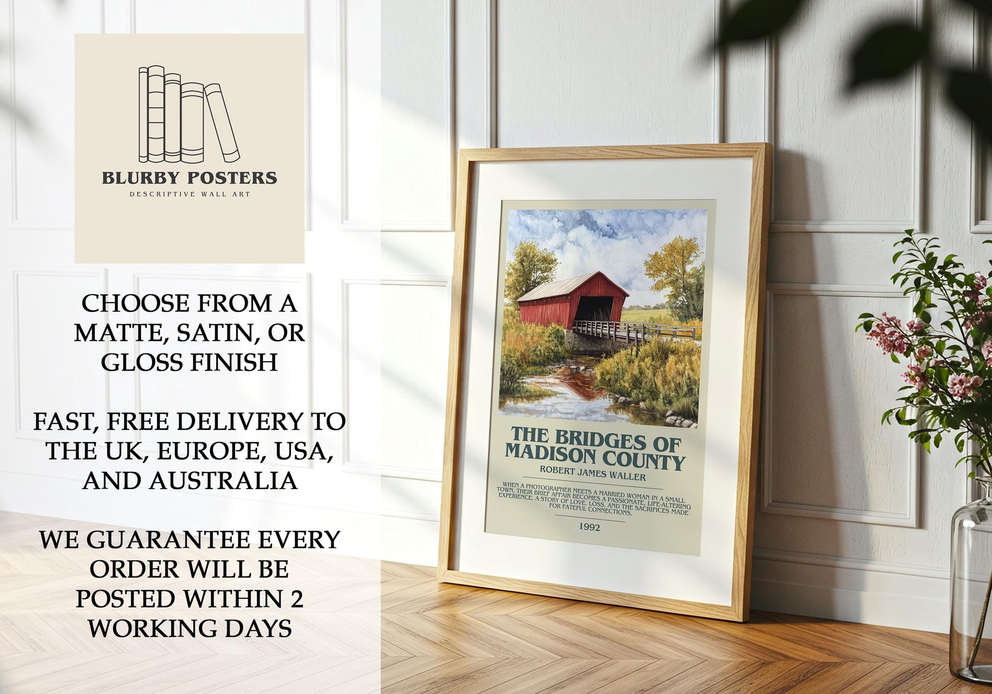 The Bridges Of Madison County by Robert James Waller Poster Print. Free Delivery Wall Art Author & Blurb Book Artwork Novel Modern Poster
