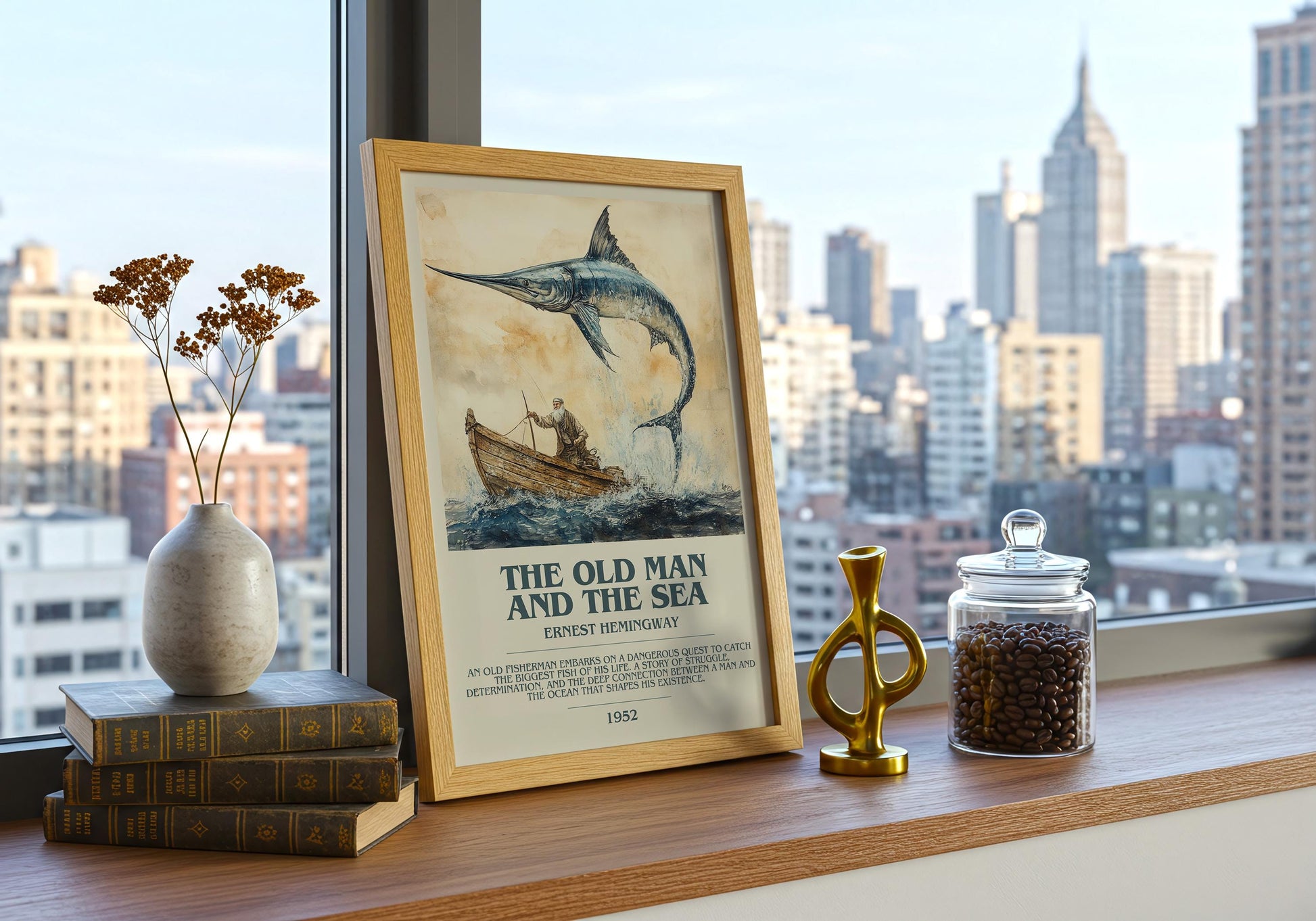 The Old Man And The Sea by Ernest Hemingway Descriptive Poster Print. Free Delivery Wall Art Author & Blurb Book Artwork Novel Modern Poster