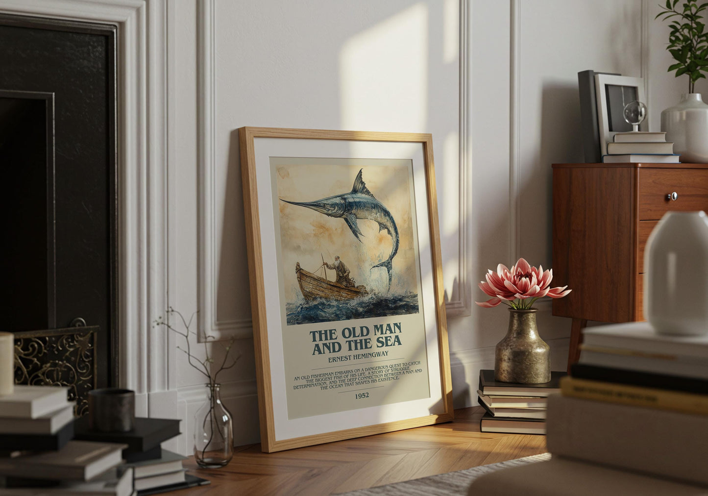 The Old Man And The Sea by Ernest Hemingway Descriptive Poster Print. Free Delivery Wall Art Author & Blurb Book Artwork Novel Modern Poster