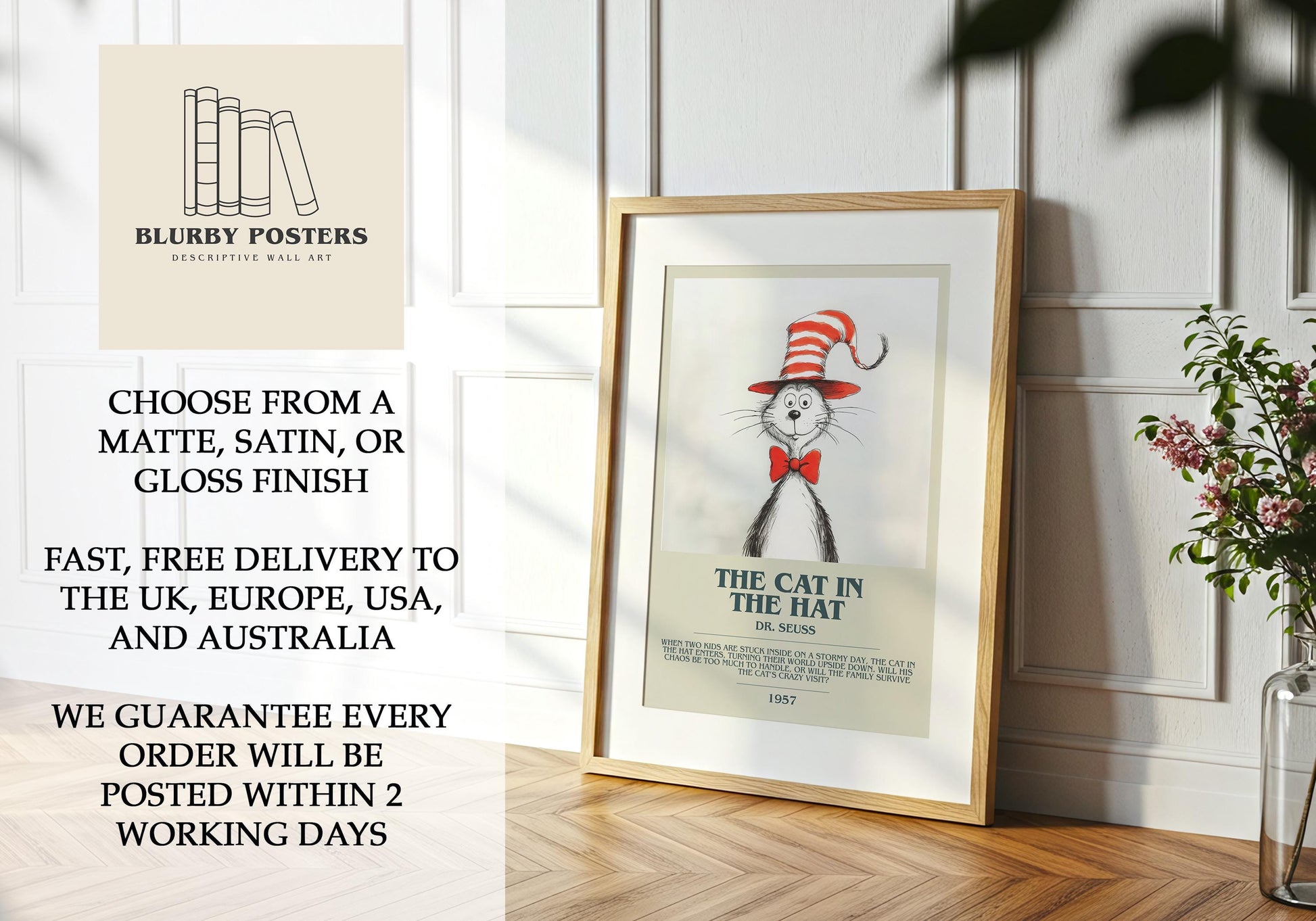 The Cat In The Hat by Dr. Seuss Descriptive Poster Print. Free Delivery Wall Art Author & Blurb Book Artwork Novel Modern Poster