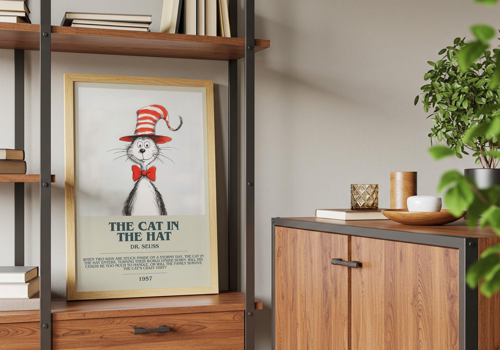 The Cat In The Hat by Dr. Seuss Descriptive Poster Print. Free Delivery Wall Art Author & Blurb Book Artwork Novel Modern Poster