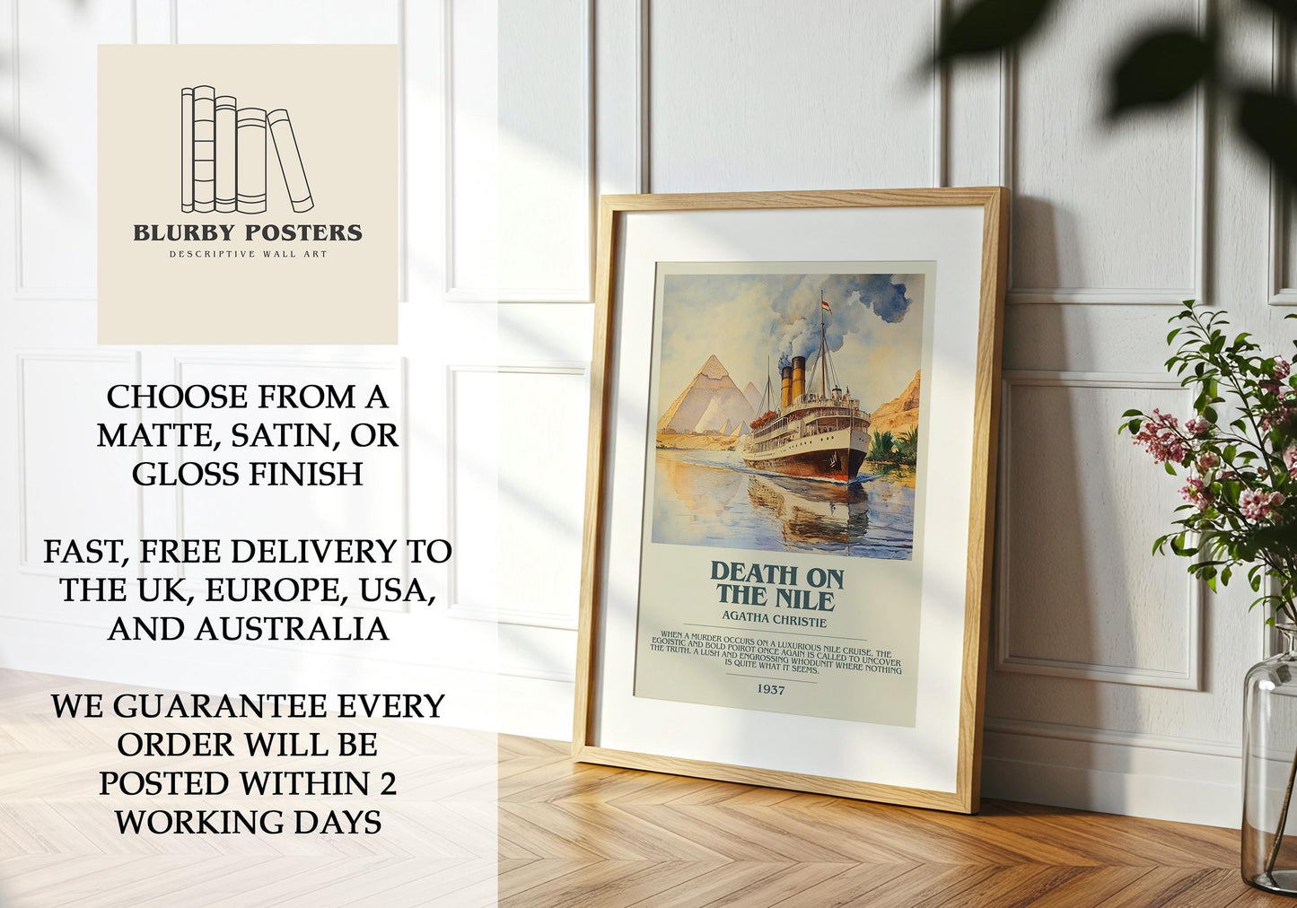 Death On The Nile by Agatha Christie Descriptive Poster Print. Free Delivery Wall Art Author & Blurb Book Artwork Novel Modern