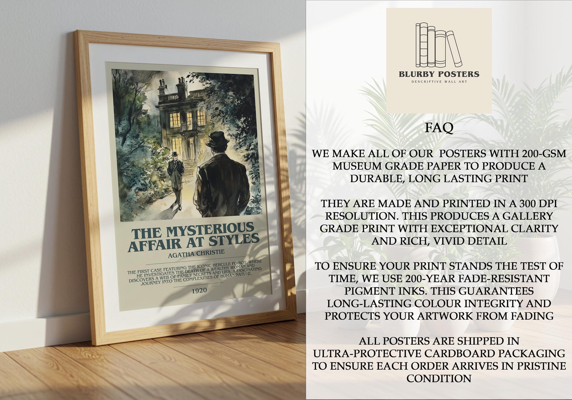 The Mysterious Affair At Styles by Agatha Christie Descriptive Poster Print. Free Delivery Wall Art Author & Blurb Book Artwork Novel Modern