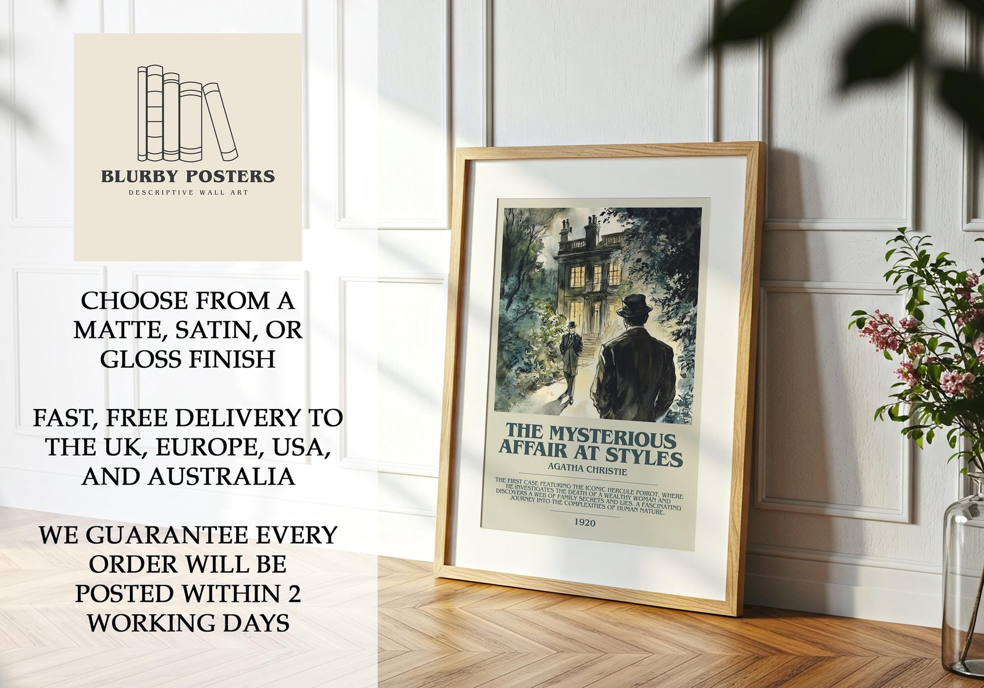 The Mysterious Affair At Styles by Agatha Christie Descriptive Poster Print. Free Delivery Wall Art Author & Blurb Book Artwork Novel Modern