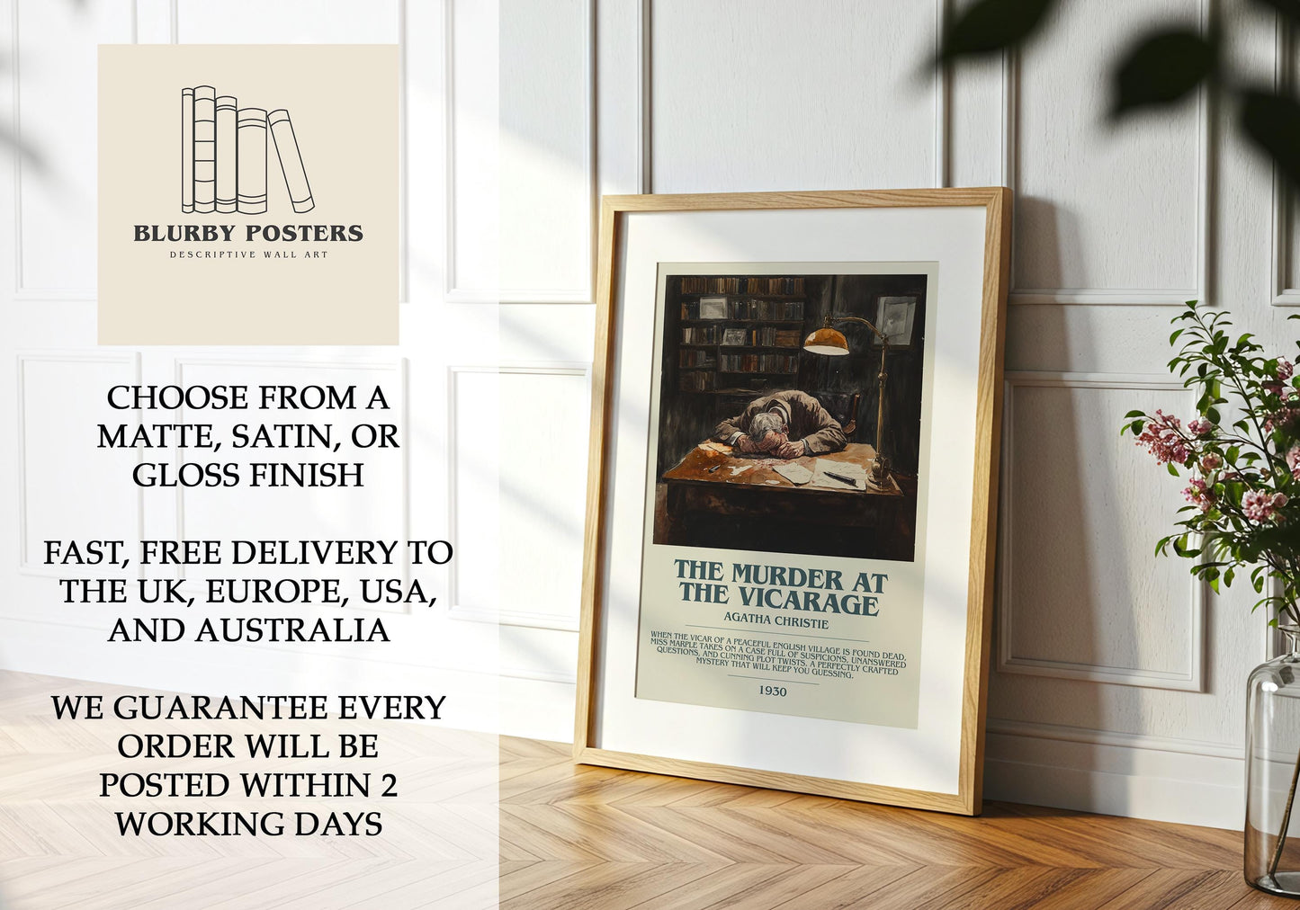 The Murder At The Vicarage by Agatha Christie Descriptive Poster Print. Free Delivery Wall Art Author & Blurb Book Artwork Novel Modern