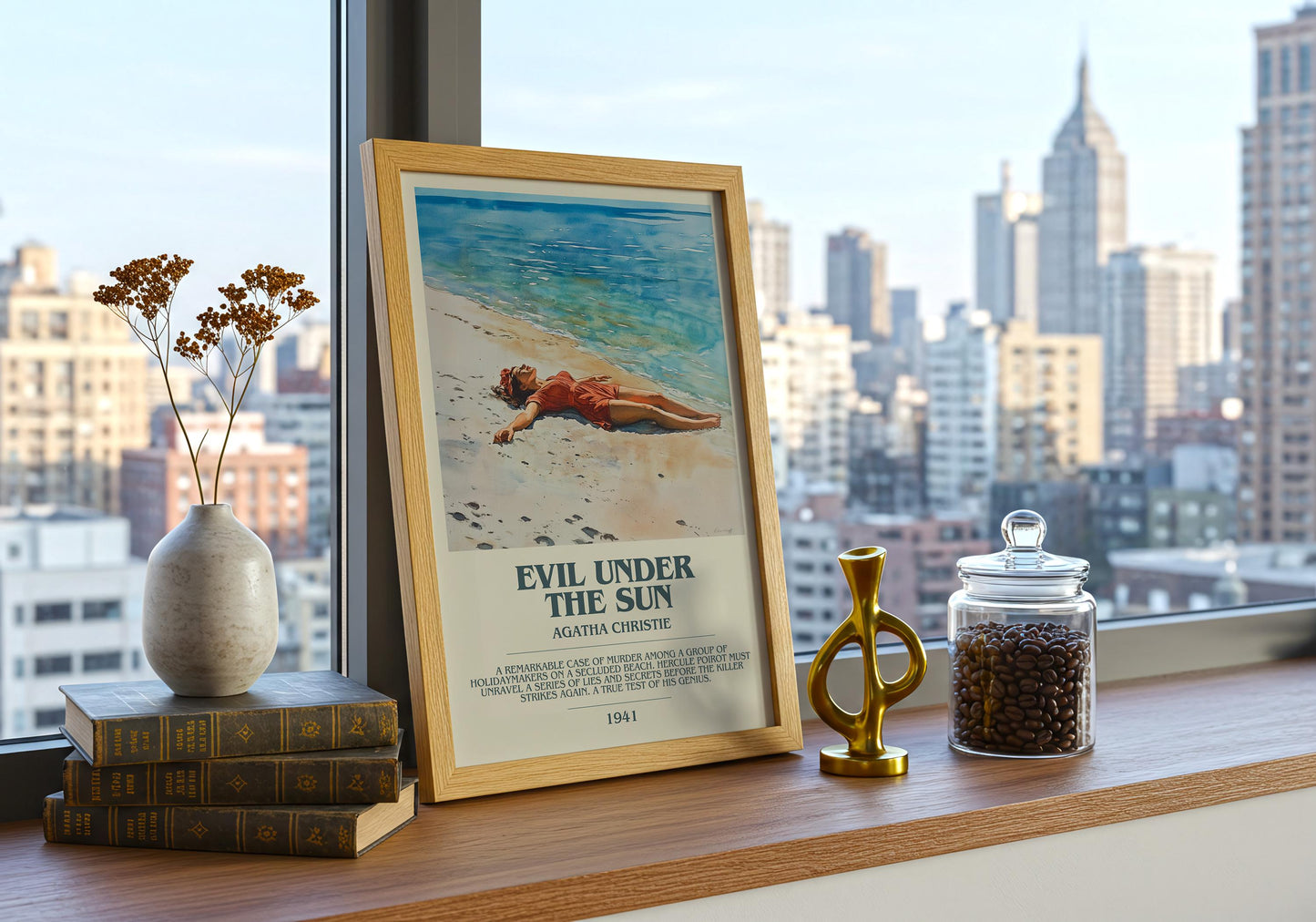 Evil Under The Sun by Agatha Christie Descriptive Poster Print. Free Delivery Wall Art Author & Blurb Book Artwork Novel Modern