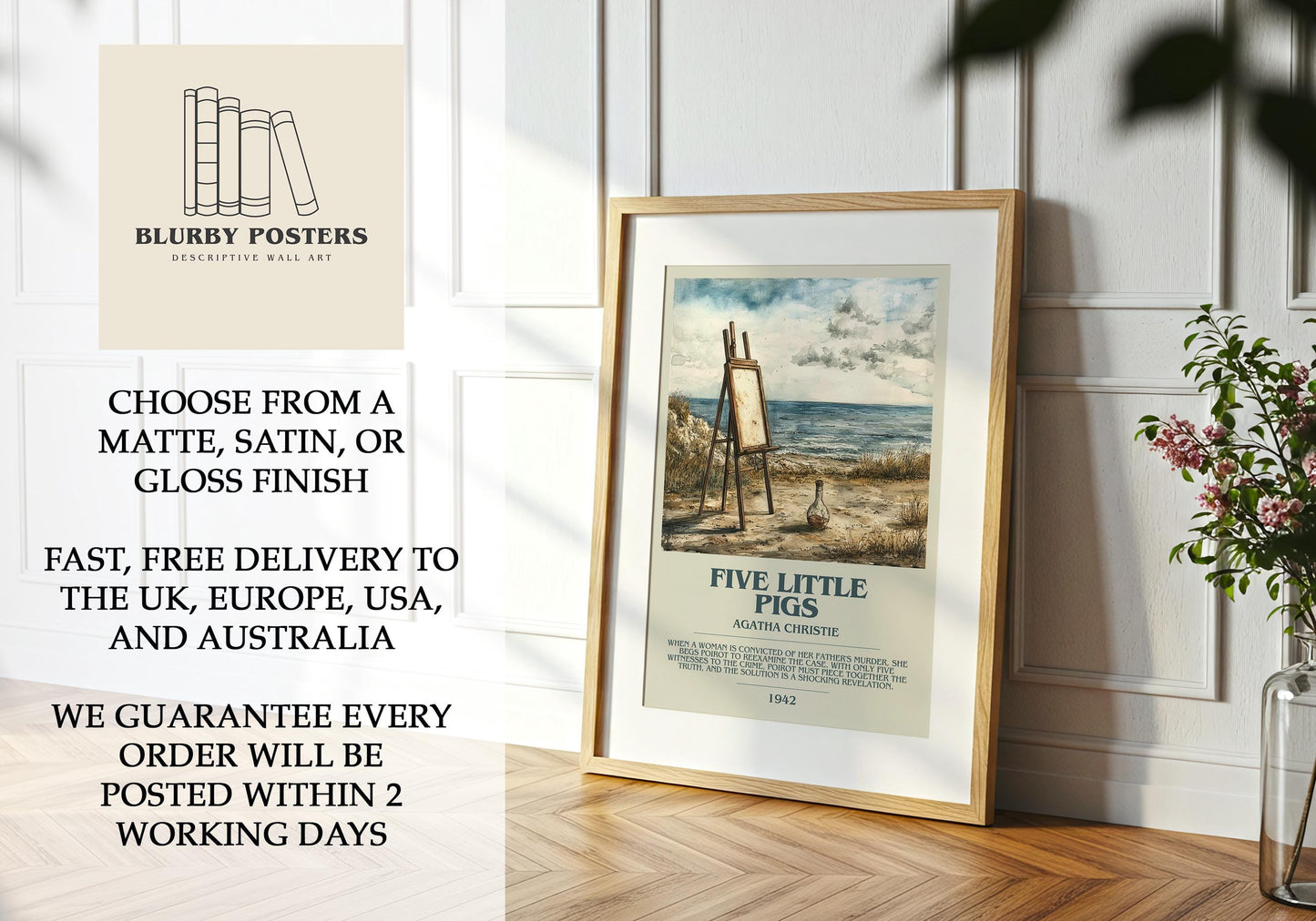 Five Little Pigs by Agatha Christie Descriptive Poster Print. Free Delivery Wall Art Author & Blurb Book Artwork Novel Modern