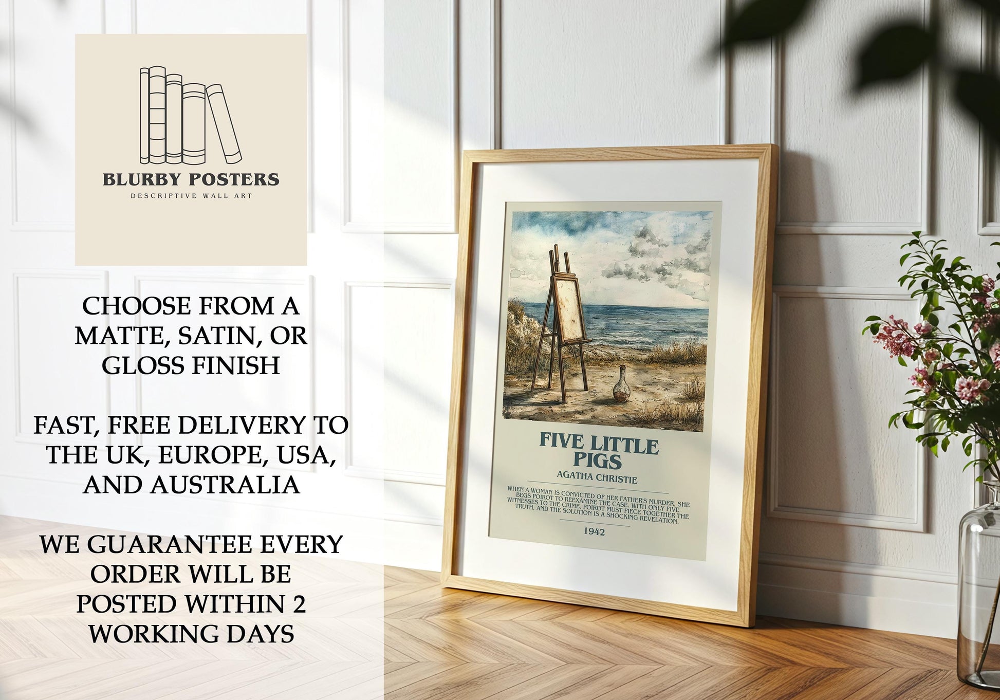 Five Little Pigs by Agatha Christie Descriptive Poster Print. Free Delivery Wall Art Author & Blurb Book Artwork Novel Modern