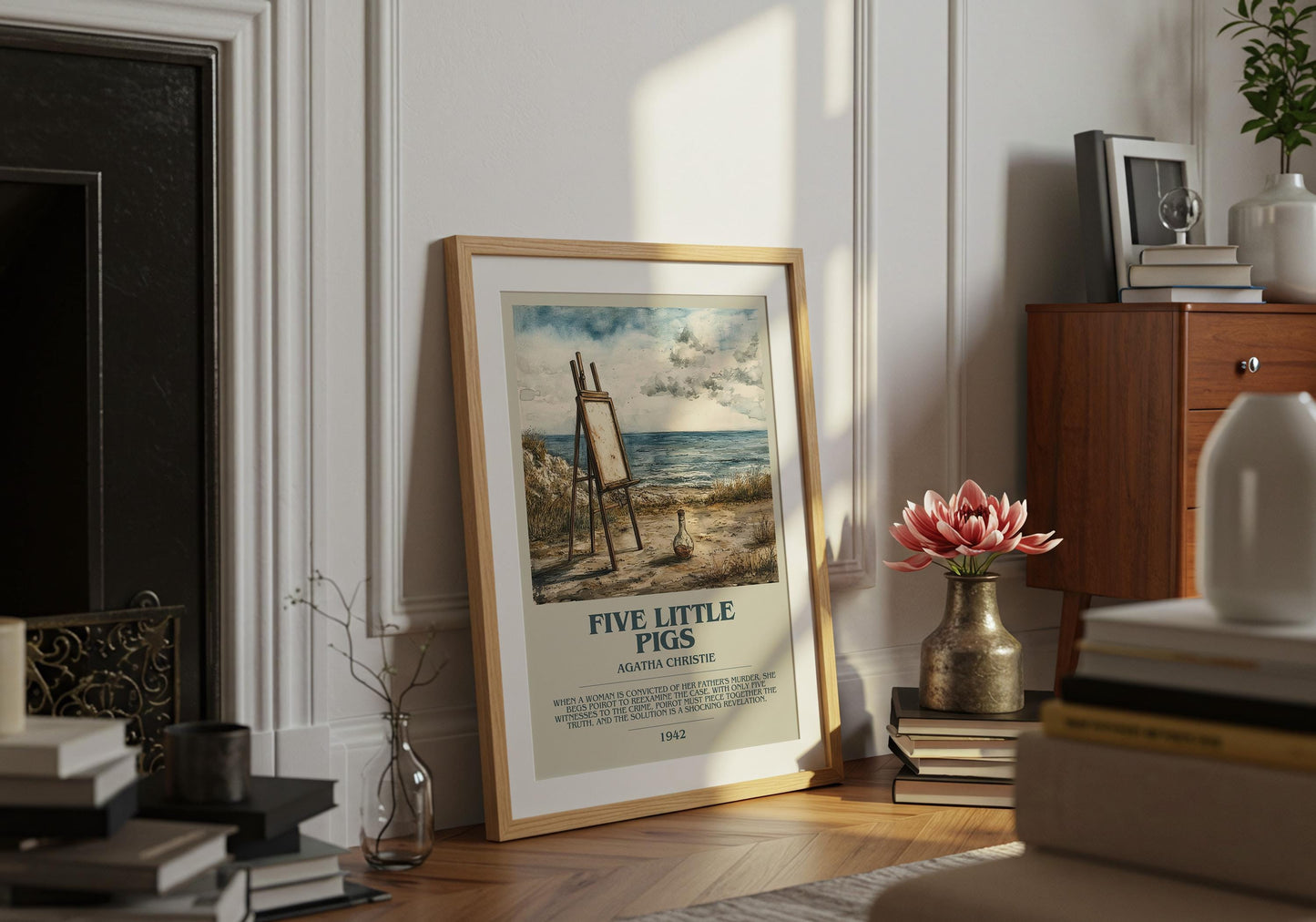 Five Little Pigs by Agatha Christie Descriptive Poster Print. Free Delivery Wall Art Author & Blurb Book Artwork Novel Modern
