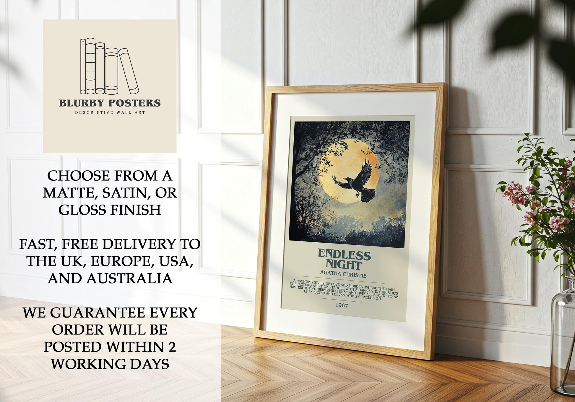Endless Night by Agatha Christie Descriptive Poster Print. Free Delivery Wall Art Author & Blurb Book Artwork Novel Modern Gift