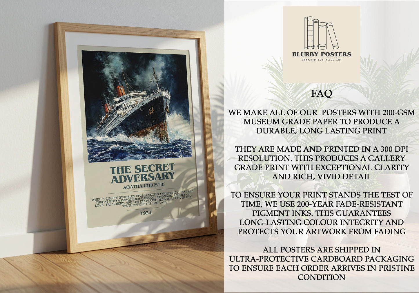 The Secret Adversary by Agatha Christie Descriptive Poster Print. Free Delivery Wall Art Author & Blurb Book Artwork Novel Modern Gift