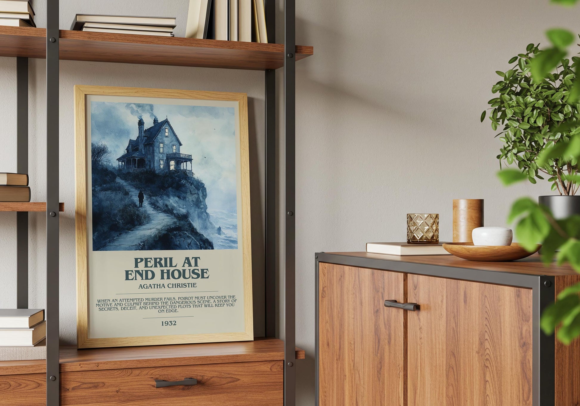 Peril At End House by Agatha Christie Descriptive Poster Print. Free Delivery Wall Art Author & Blurb Book Artwork Novel Modern Gift