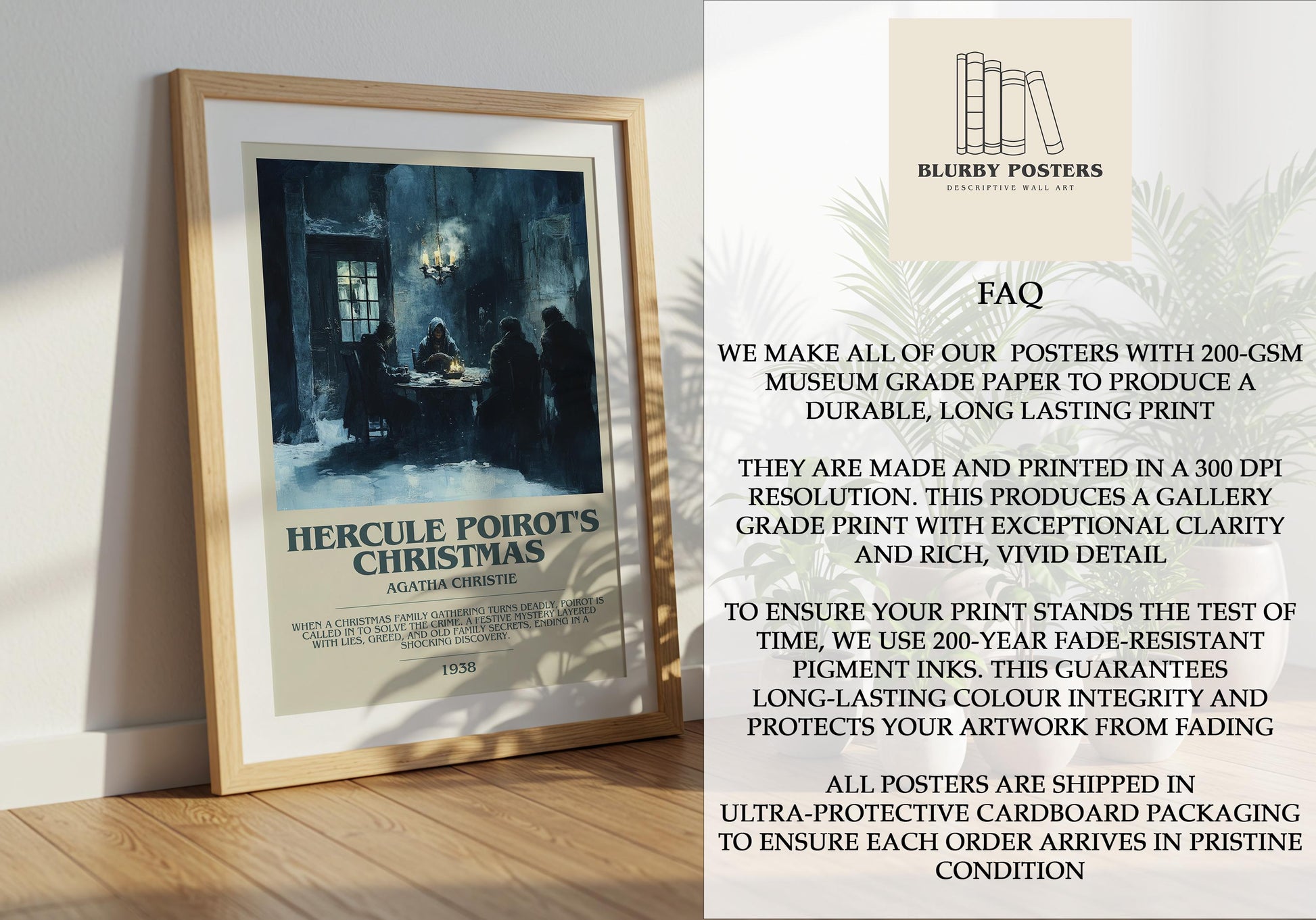 Hercule Poirot's Christmas by Agatha Christie Descriptive Poster Print. Free Delivery Wall Art Author & Blurb Book Artwork Novel Modern Gift