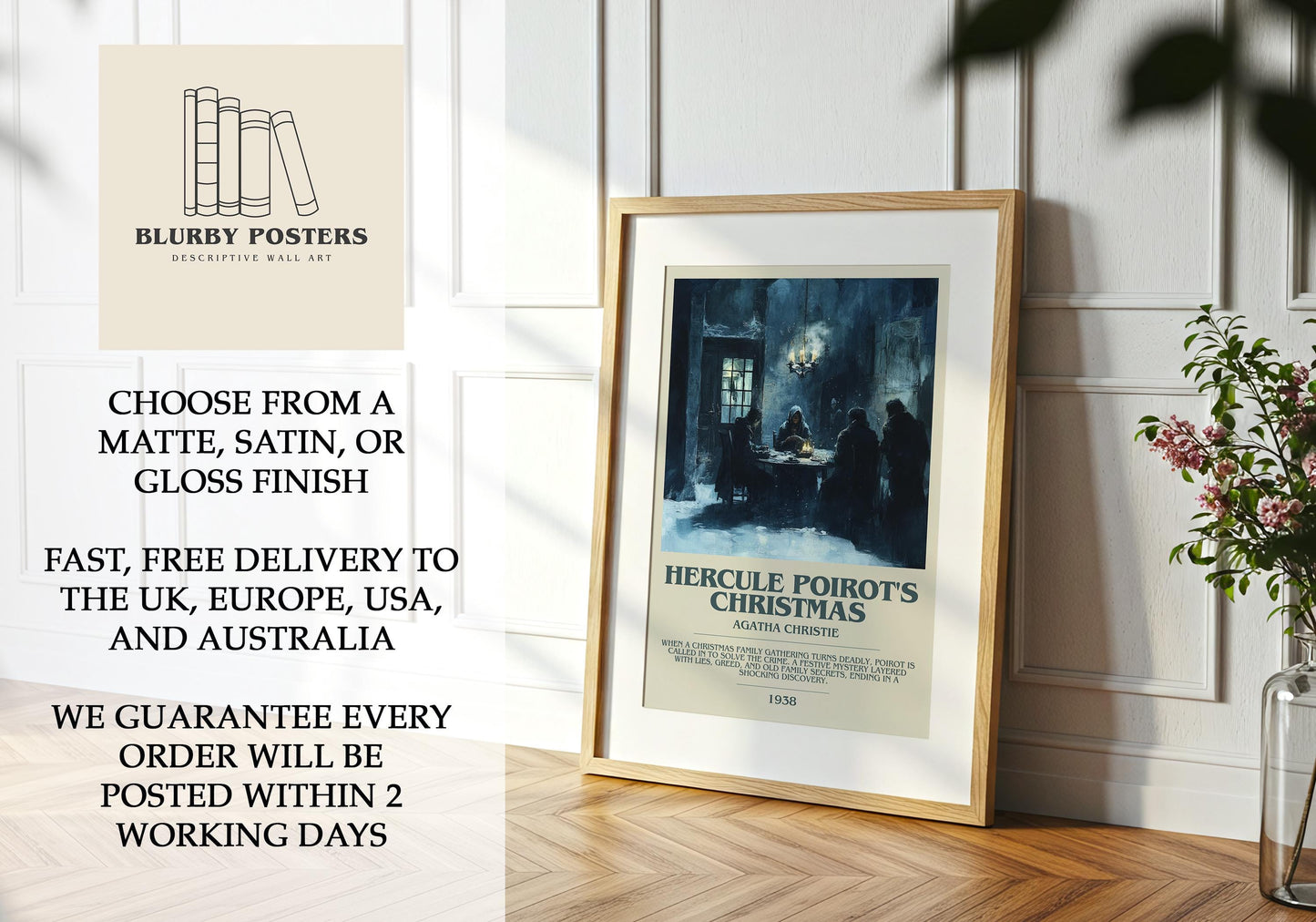 Hercule Poirot's Christmas by Agatha Christie Descriptive Poster Print. Free Delivery Wall Art Author & Blurb Book Artwork Novel Modern Gift