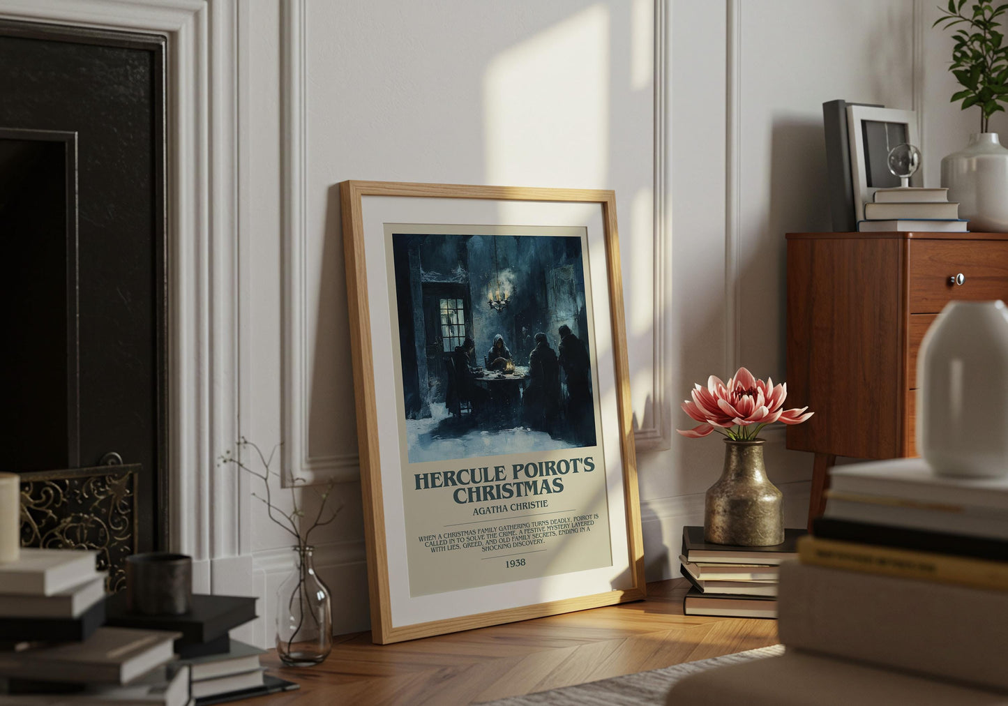 Hercule Poirot's Christmas by Agatha Christie Descriptive Poster Print. Free Delivery Wall Art Author & Blurb Book Artwork Novel Modern Gift
