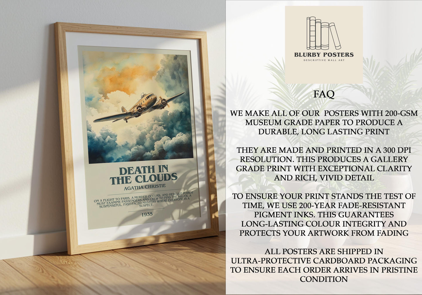 Death In The Clouds by Agatha Christie Descriptive Poster Print. Free Delivery Wall Art Author & Blurb Book Artwork Novel Modern Gift