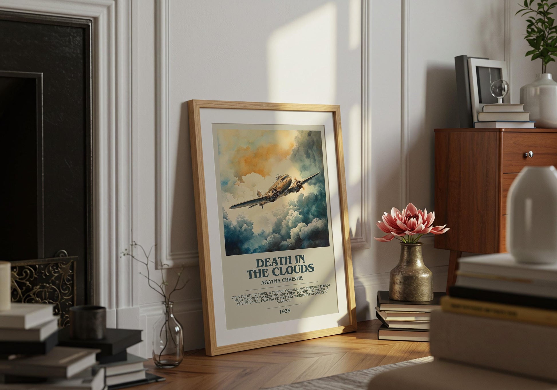 Death In The Clouds by Agatha Christie Descriptive Poster Print. Free Delivery Wall Art Author & Blurb Book Artwork Novel Modern Gift