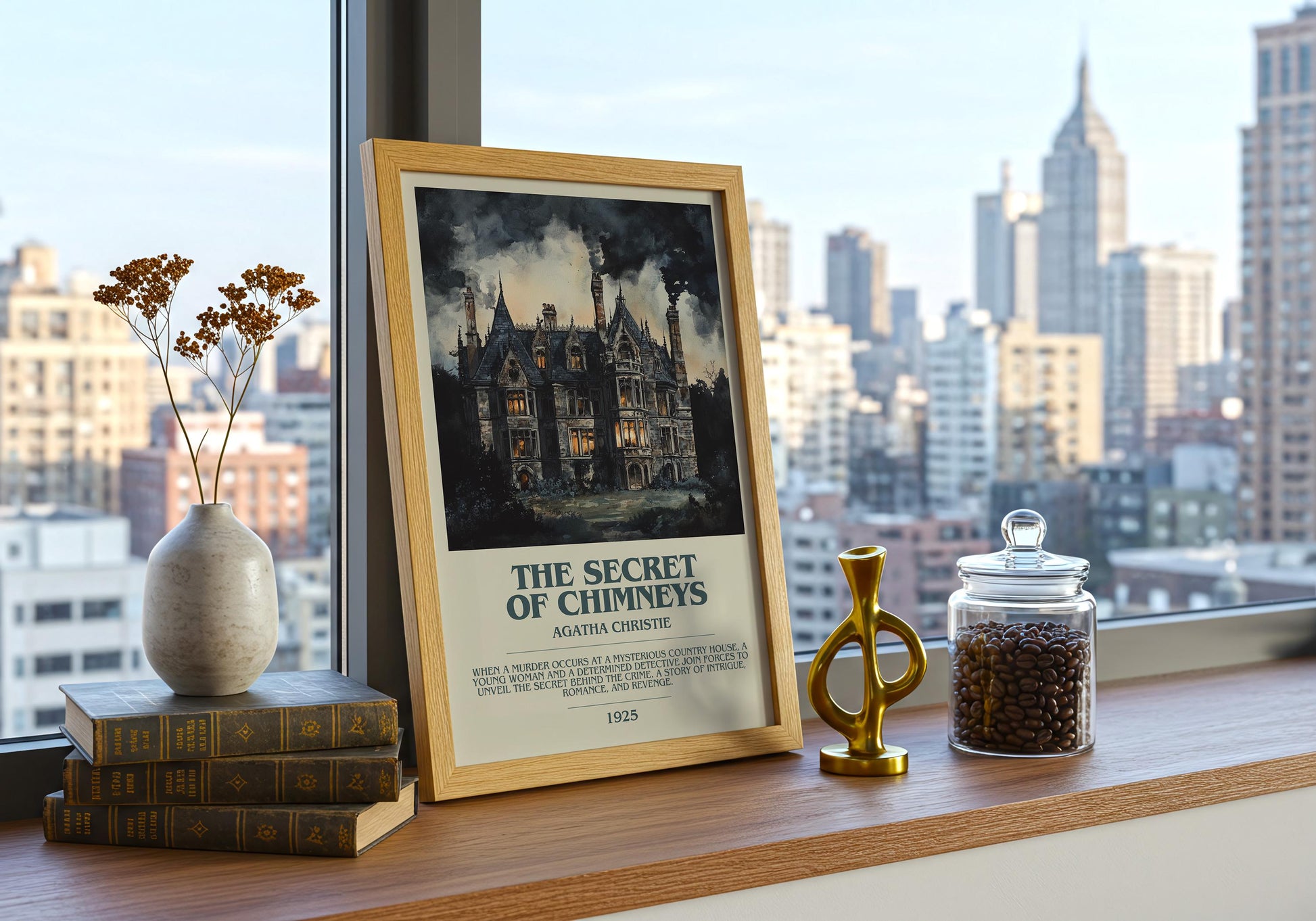 The Secret Of Chimneys by Agatha Christie Descriptive Poster Print. Free Delivery Wall Art Author & Blurb Book Artwork Novel Modern Gift