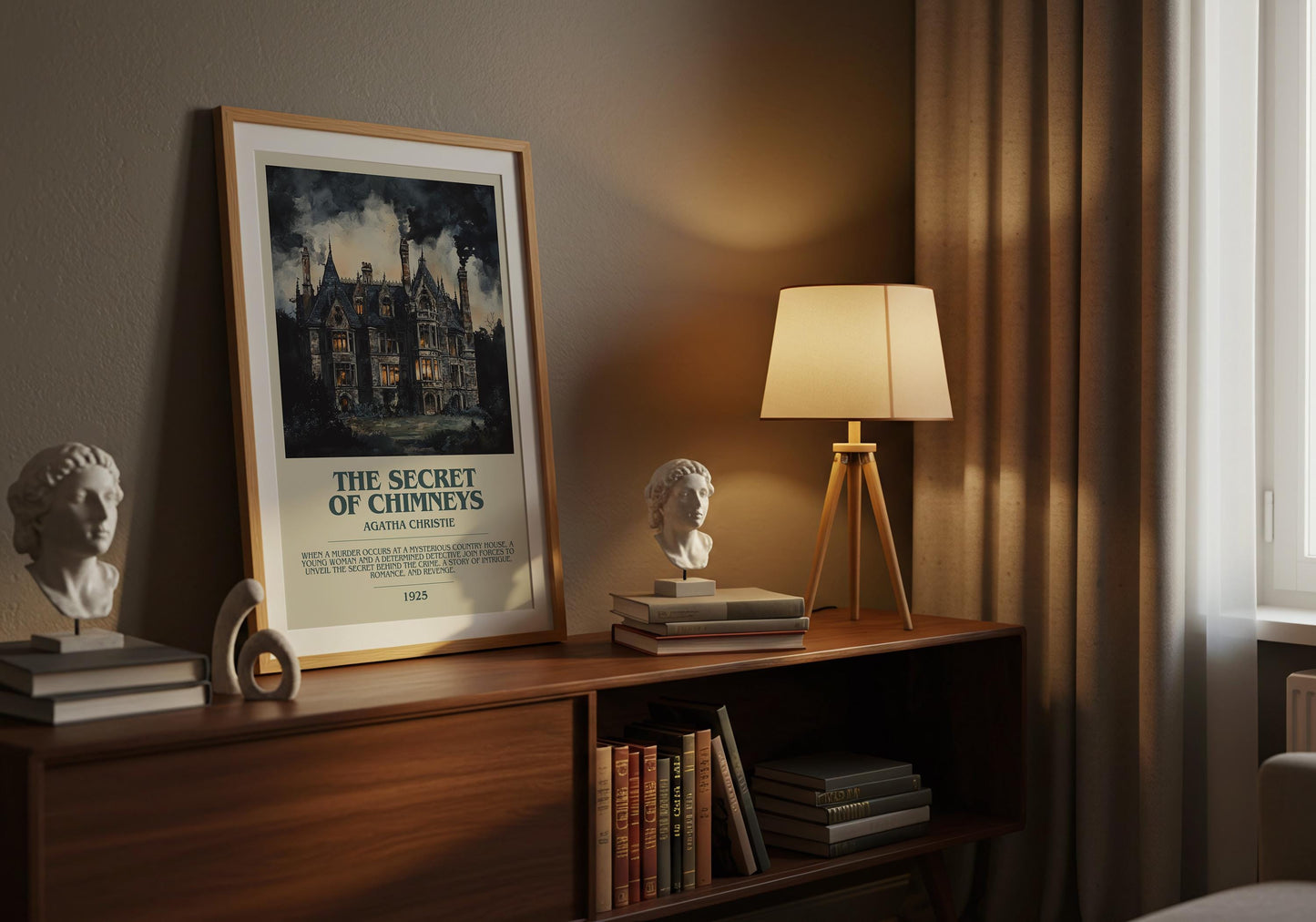 The Secret Of Chimneys by Agatha Christie Descriptive Poster Print. Free Delivery Wall Art Author & Blurb Book Artwork Novel Modern Gift