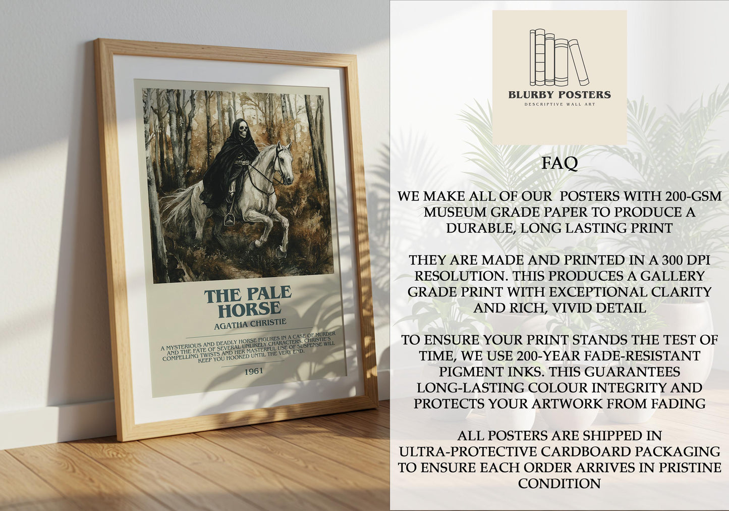 The Pale Horse by Agatha Christie Descriptive Poster Print. Free Delivery Wall Art Author & Blurb Book Artwork Novel Modern Gift