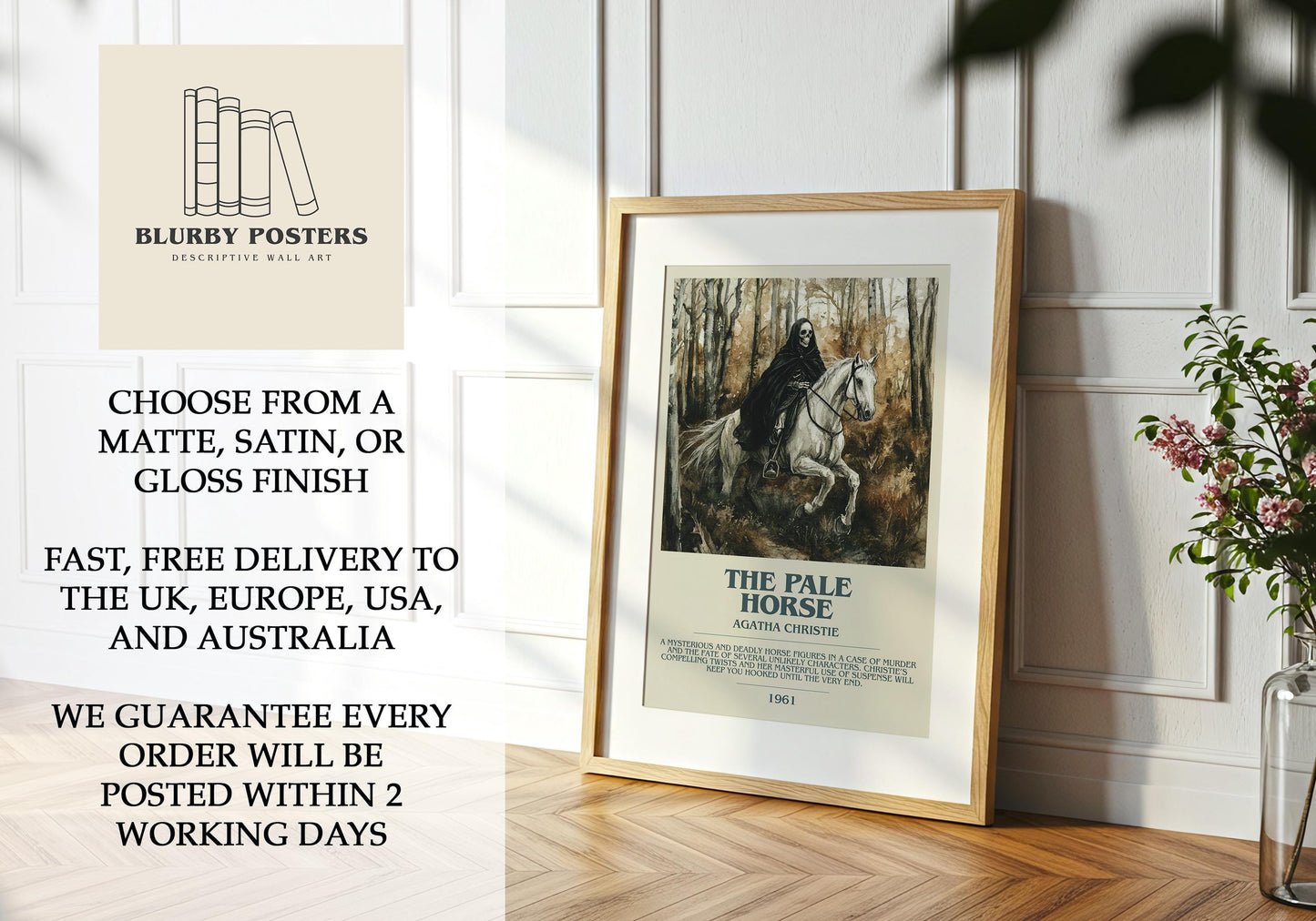 The Pale Horse by Agatha Christie Descriptive Poster Print. Free Delivery Wall Art Author & Blurb Book Artwork Novel Modern Gift