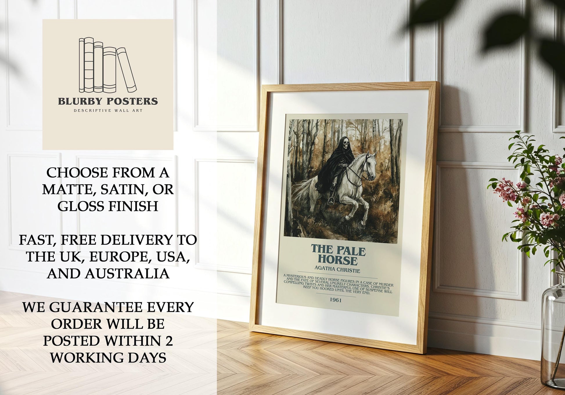 The Pale Horse by Agatha Christie Descriptive Poster Print. Free Delivery Wall Art Author & Blurb Book Artwork Novel Modern Gift