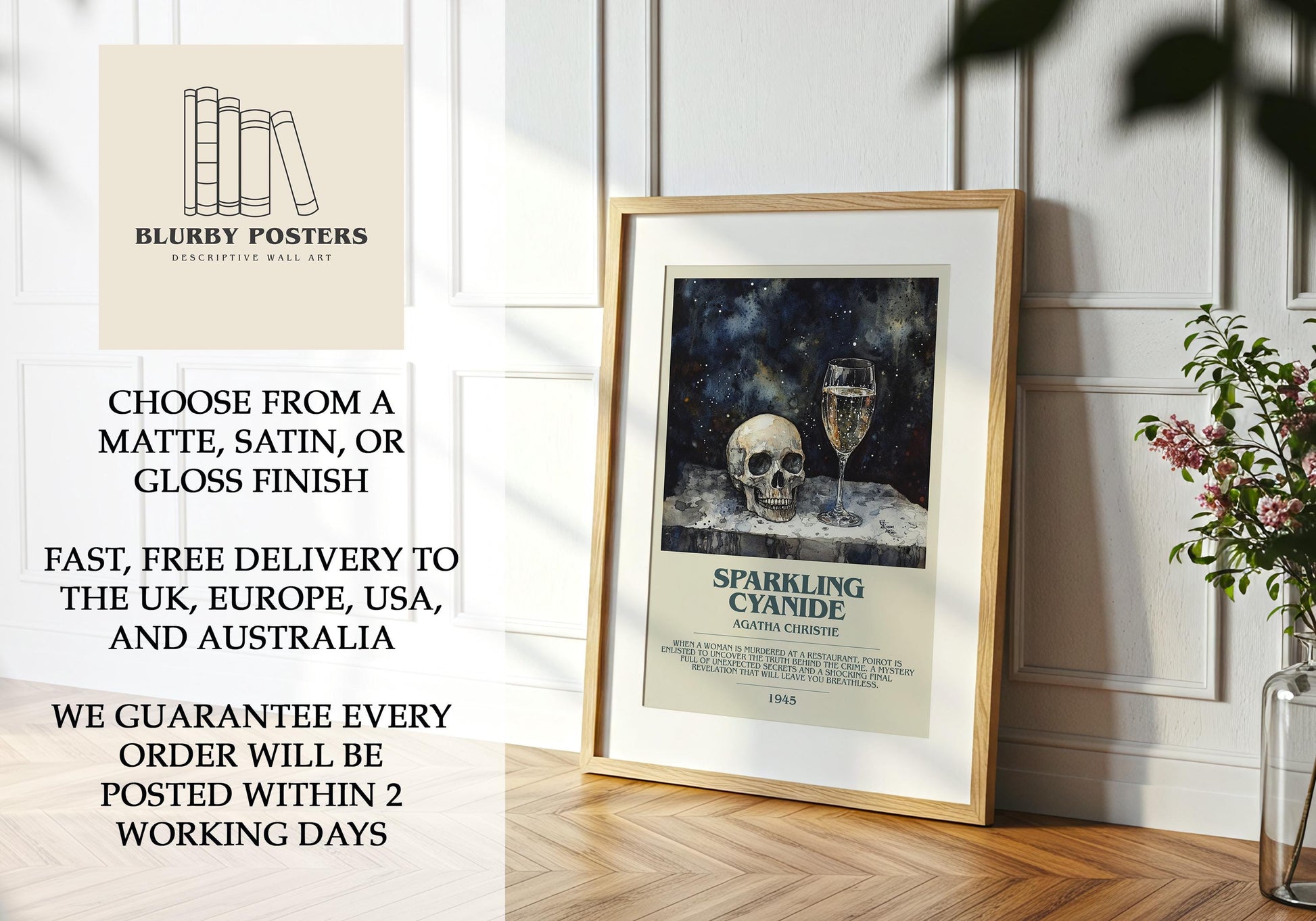 Sparkling Cyanide by Agatha Christie Descriptive Poster Print. Free Delivery Wall Art Author & Blurb Book Artwork Novel Modern Gift