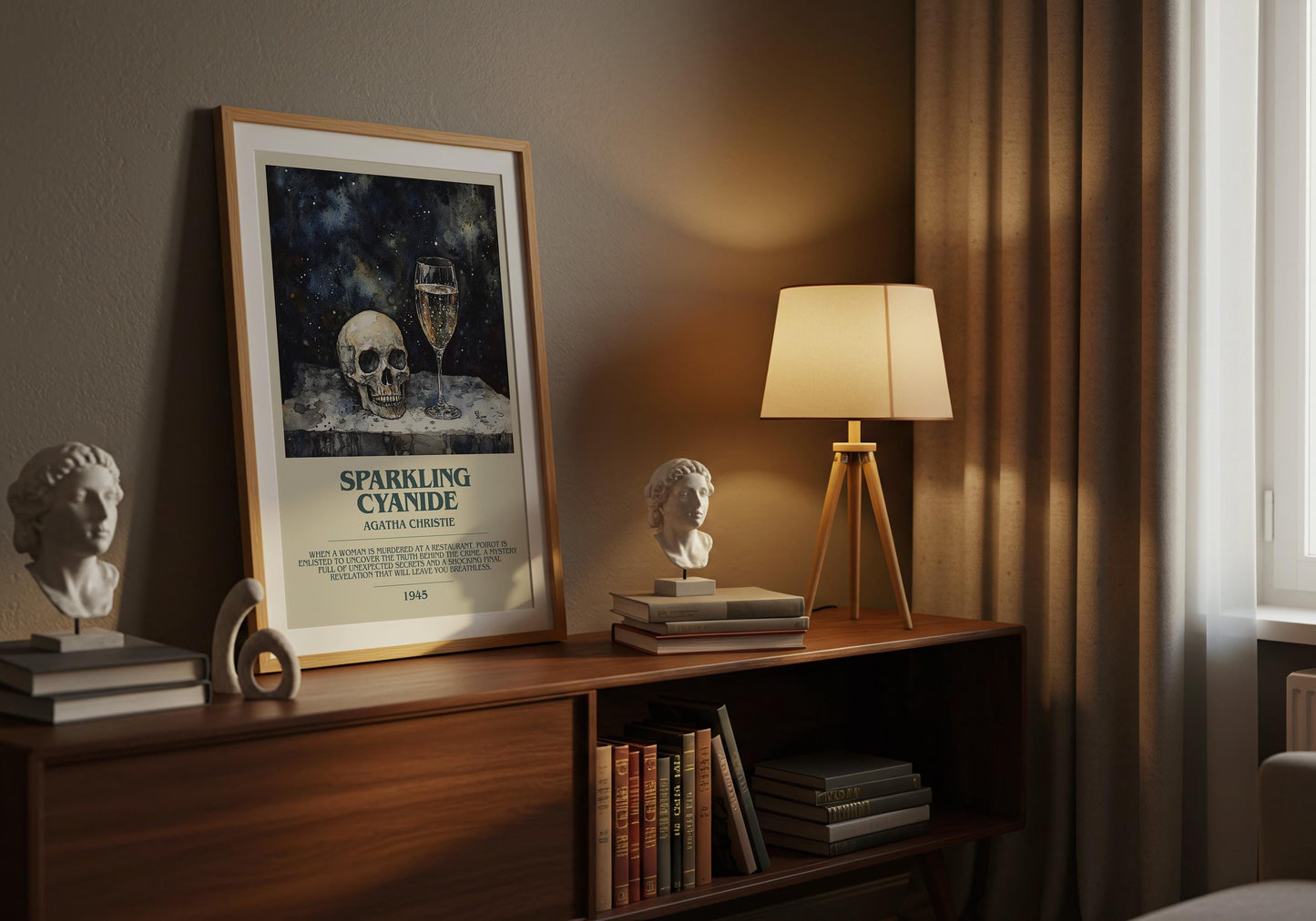 Sparkling Cyanide by Agatha Christie Descriptive Poster Print. Free Delivery Wall Art Author & Blurb Book Artwork Novel Modern Gift