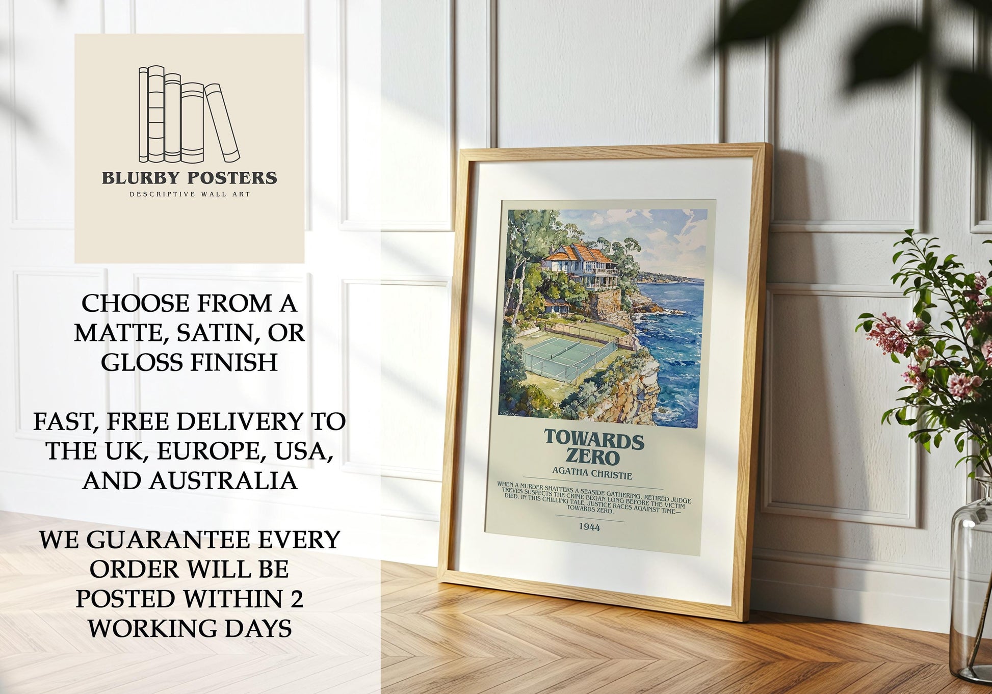 Towards Zero by Agatha Christie Descriptive Poster Print. Free Delivery Wall Art Author & Blurb Book Artwork Novel Modern Gift