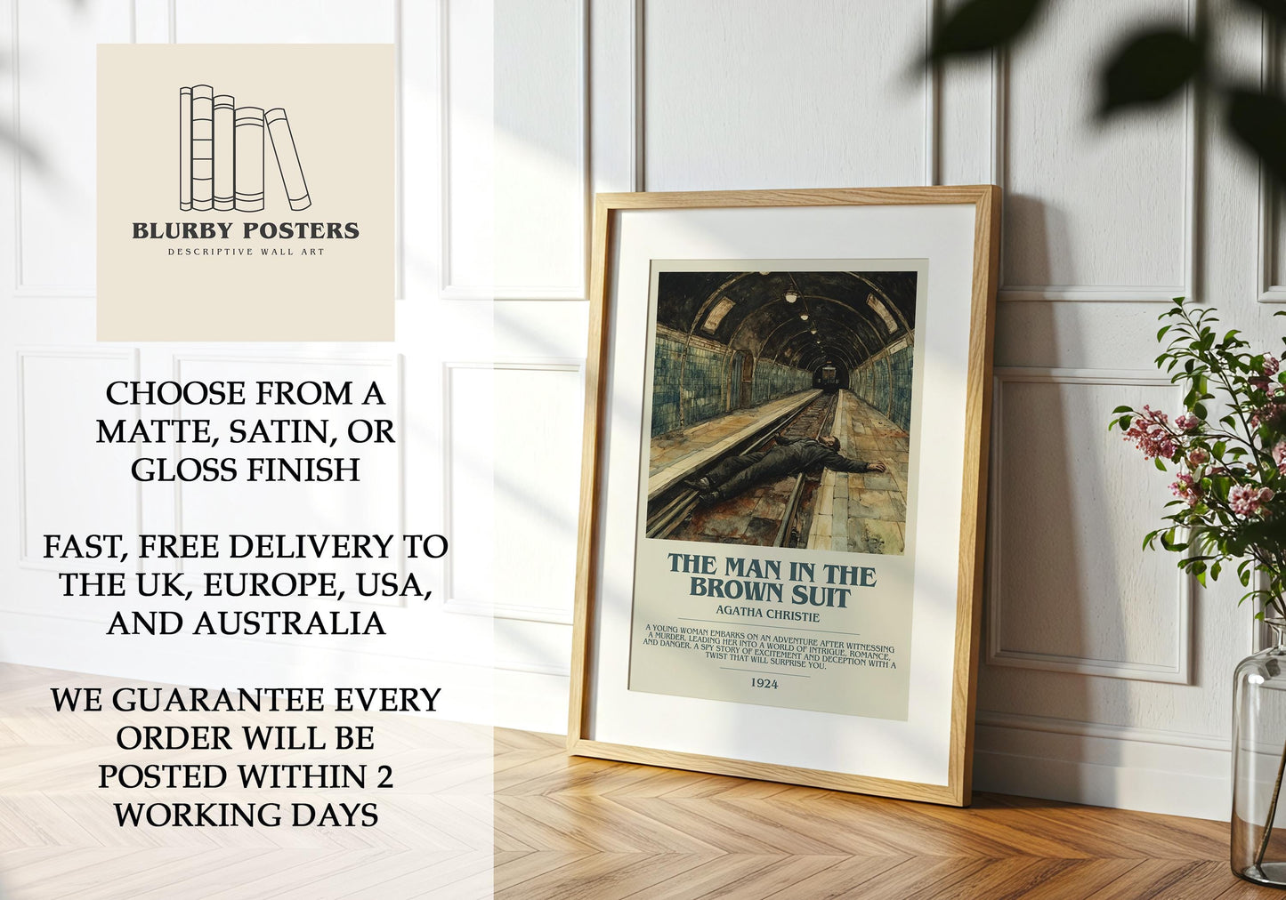 The Man In The Brown Suit by Agatha Christie Descriptive Poster Print. Free Delivery Wall Art Author & Blurb Book Artwork Novel Modern