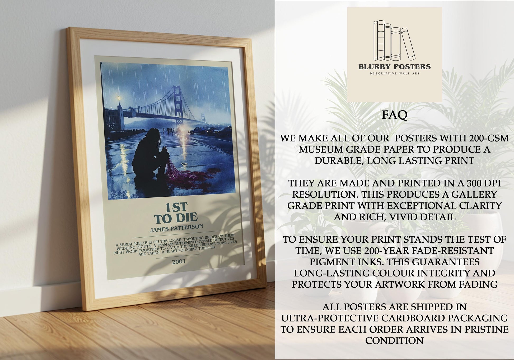 1st To Die by James Patterson Descriptive Poster Print. Free Delivery Wall Art Author & Blurb Book Artwork Novel Modern