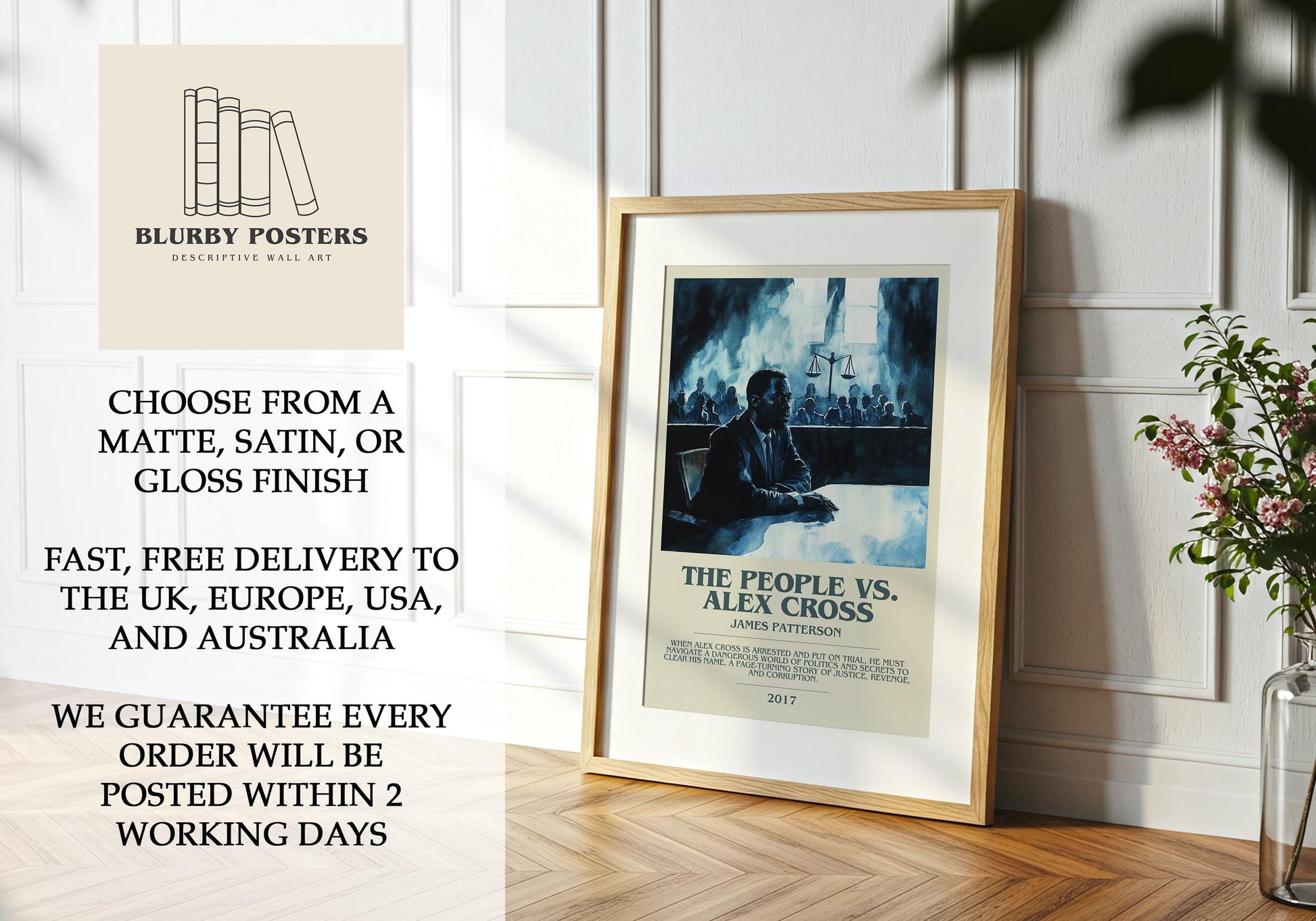 The People vs Alex Cross by James Patterson Descriptive Poster Print. Free Delivery Wall Art Author & Blurb Book Artwork Novel Modern