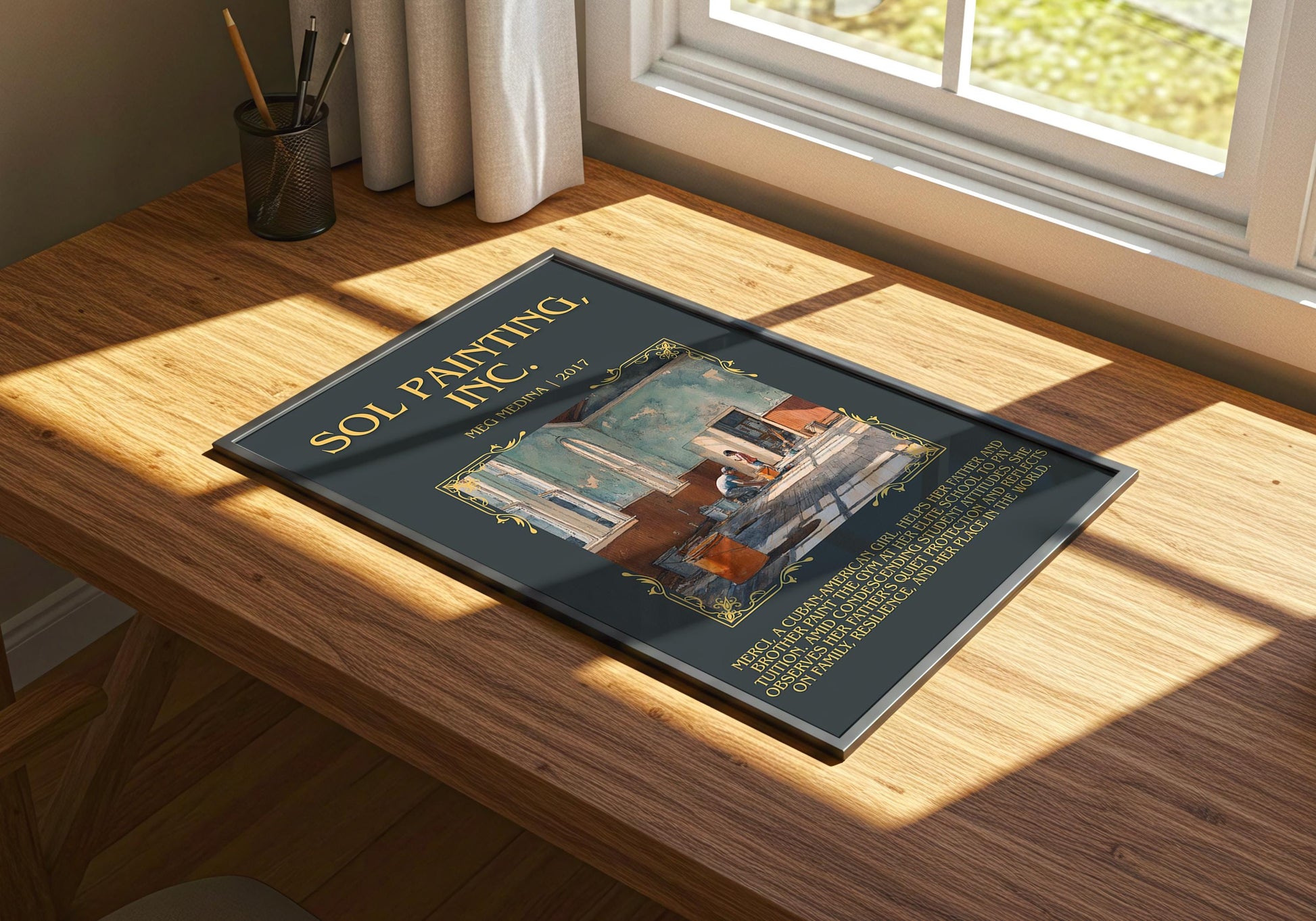 Sol Painting, Inc. by Meg Medina Descriptive Poster Print.Free Delivery Wall Art Author&Blurb Book Artwork Novel Poster