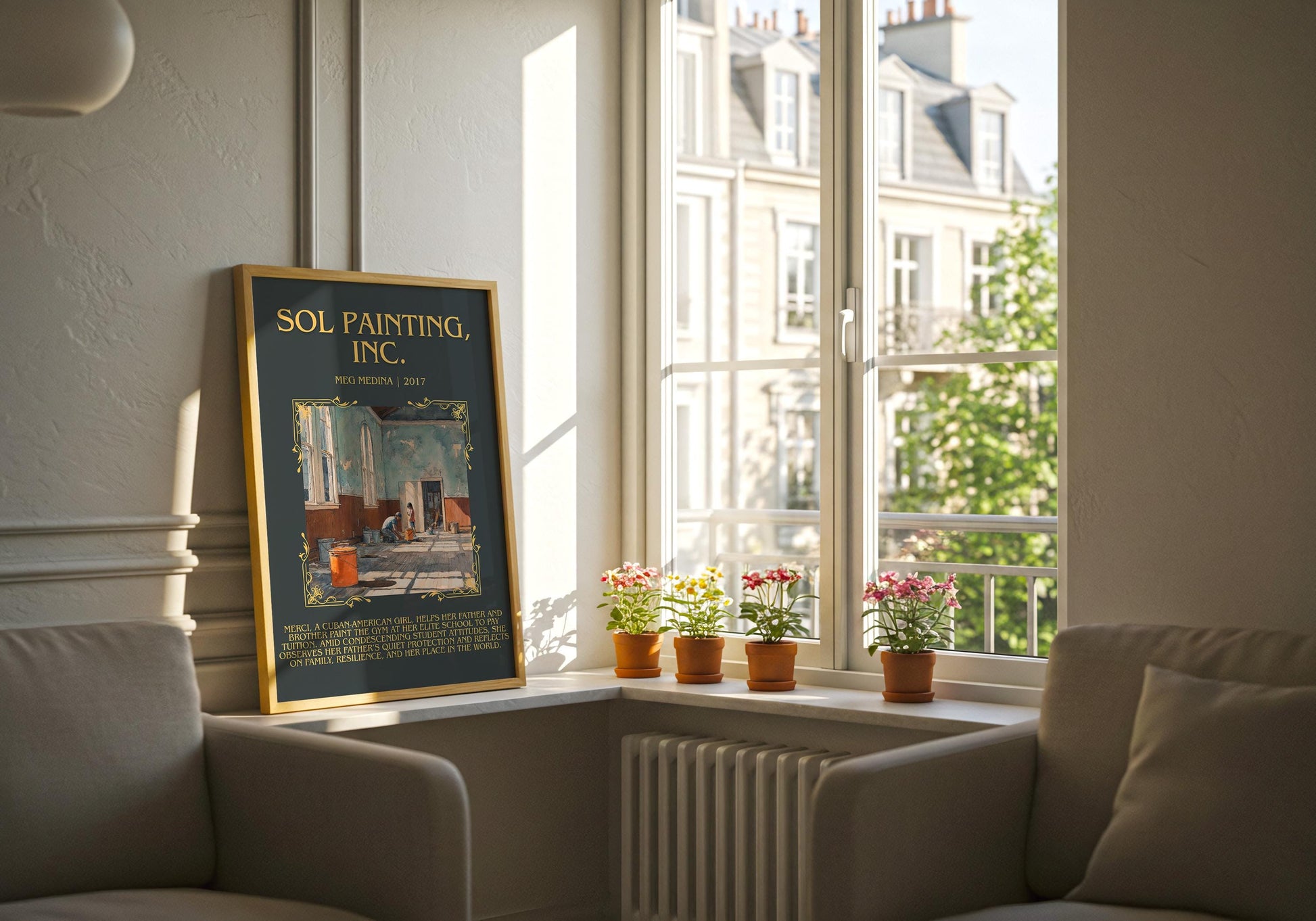 Sol Painting, Inc. by Meg Medina Descriptive Poster Print.Free Delivery Wall Art Author&Blurb Book Artwork Novel Poster