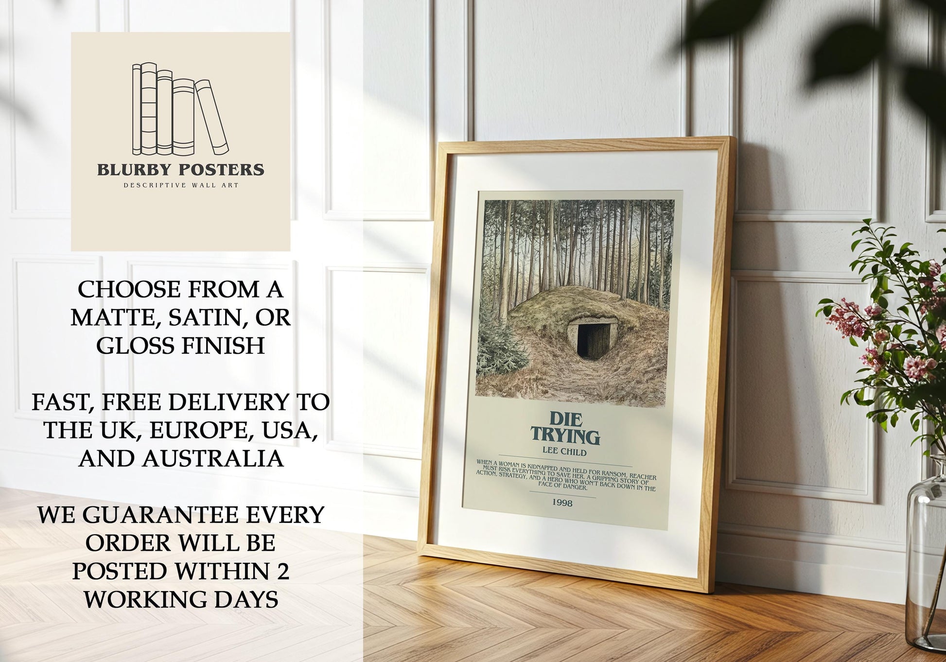 Die Trying by Lee Child Descriptive Poster Print. Free Delivery Wall Art Author & Blurb Book Artwork Novel Modern Gift