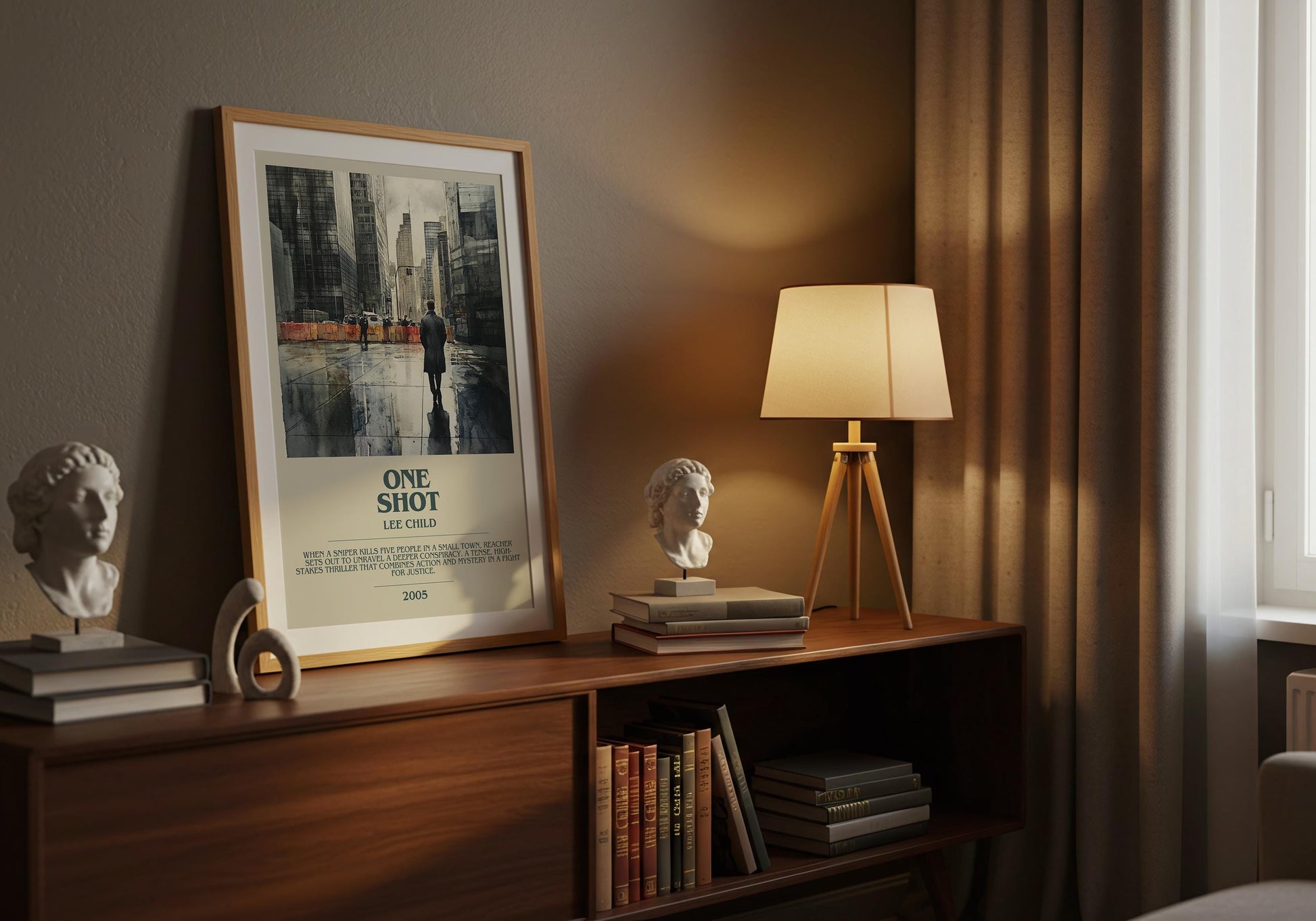 One Shot by Lee Child Descriptive Poster Print. Free Delivery Wall Art Author & Blurb Book Artwork Novel Modern Gift