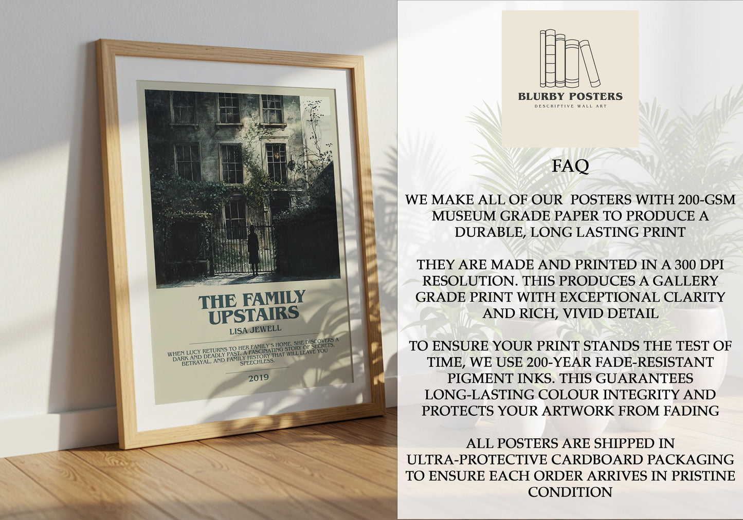 The Family Upstairs by Lisa Jewell Descriptive Poster Print. Free Delivery Wall Art Author & Blurb Book Artwork Novel Modern Gift